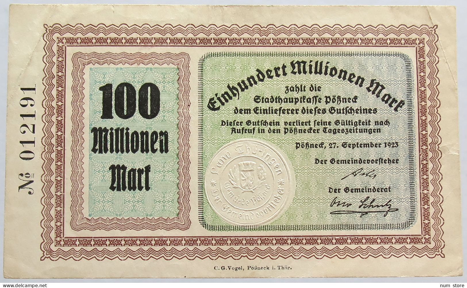 GERMANY 100 MILLIONEN MARK 1923 POSSNECK #alb003 0161 - 100 Miljoen Mark