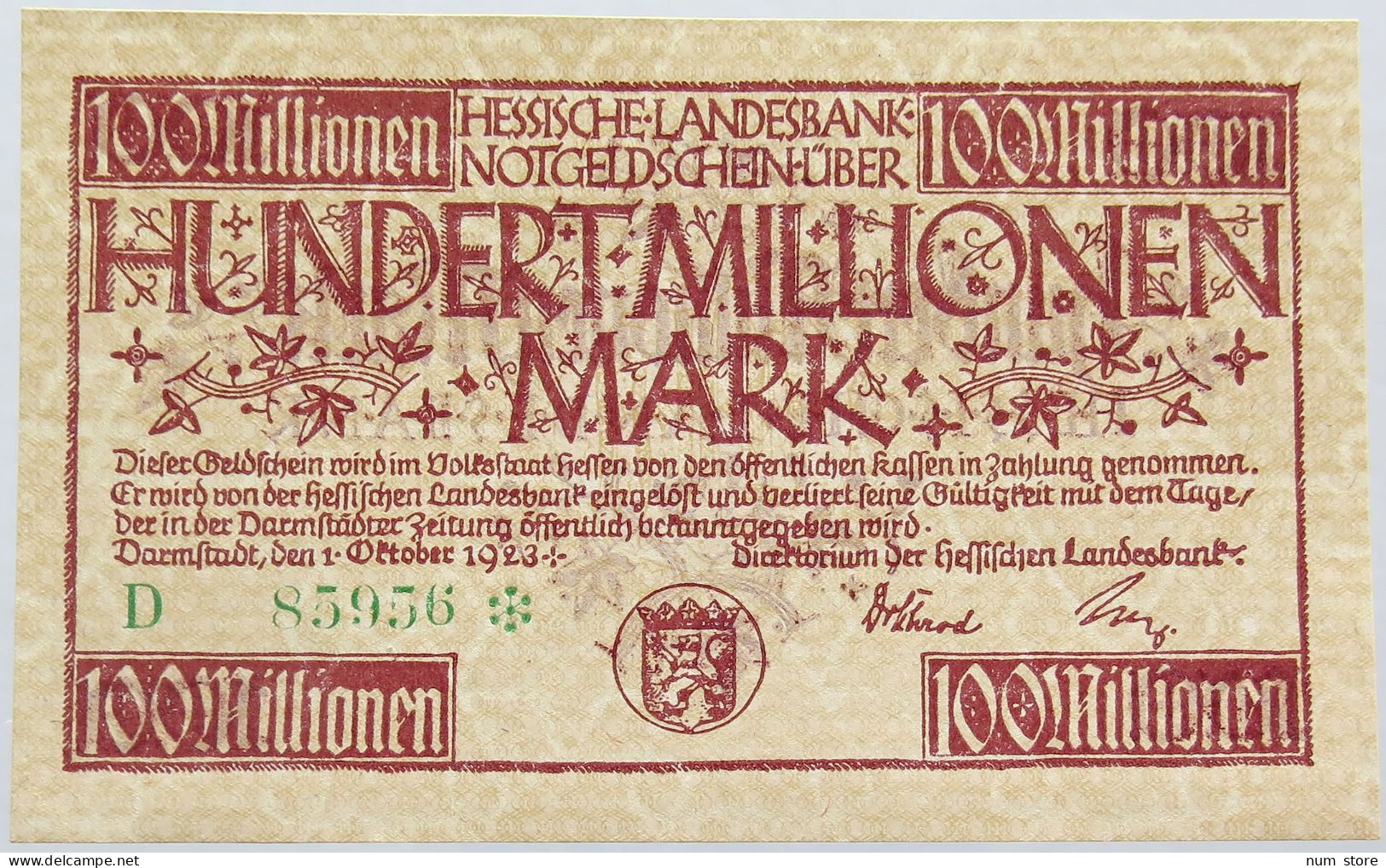 GERMANY 100 MILLIONEN MARK 1923 HESSEN #alb004 0143 - 100 Mio. Mark