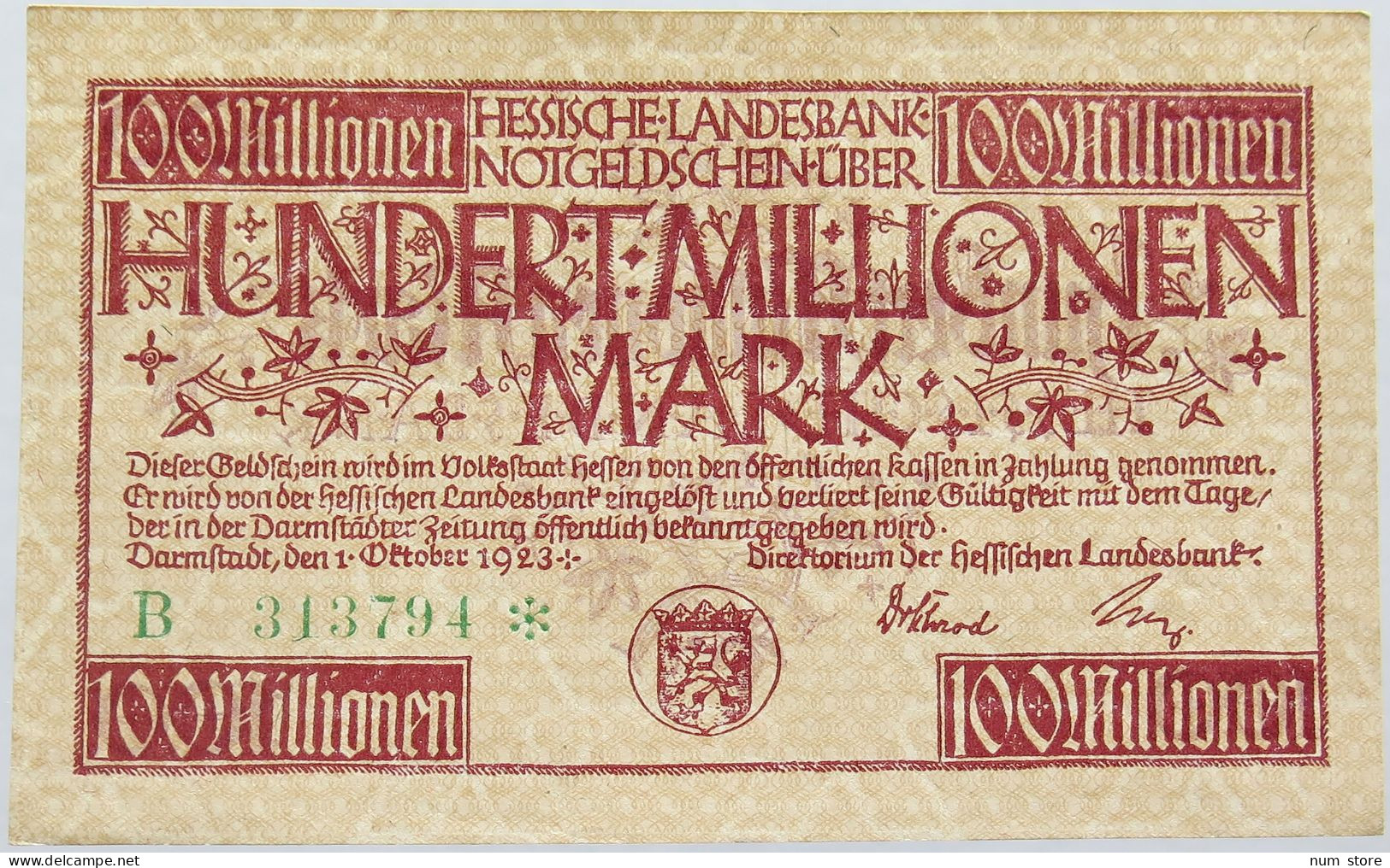 GERMANY 100 MILLIONEN MARK 1923 HESSEN #alb004 0147 - 100 Miljoen Mark