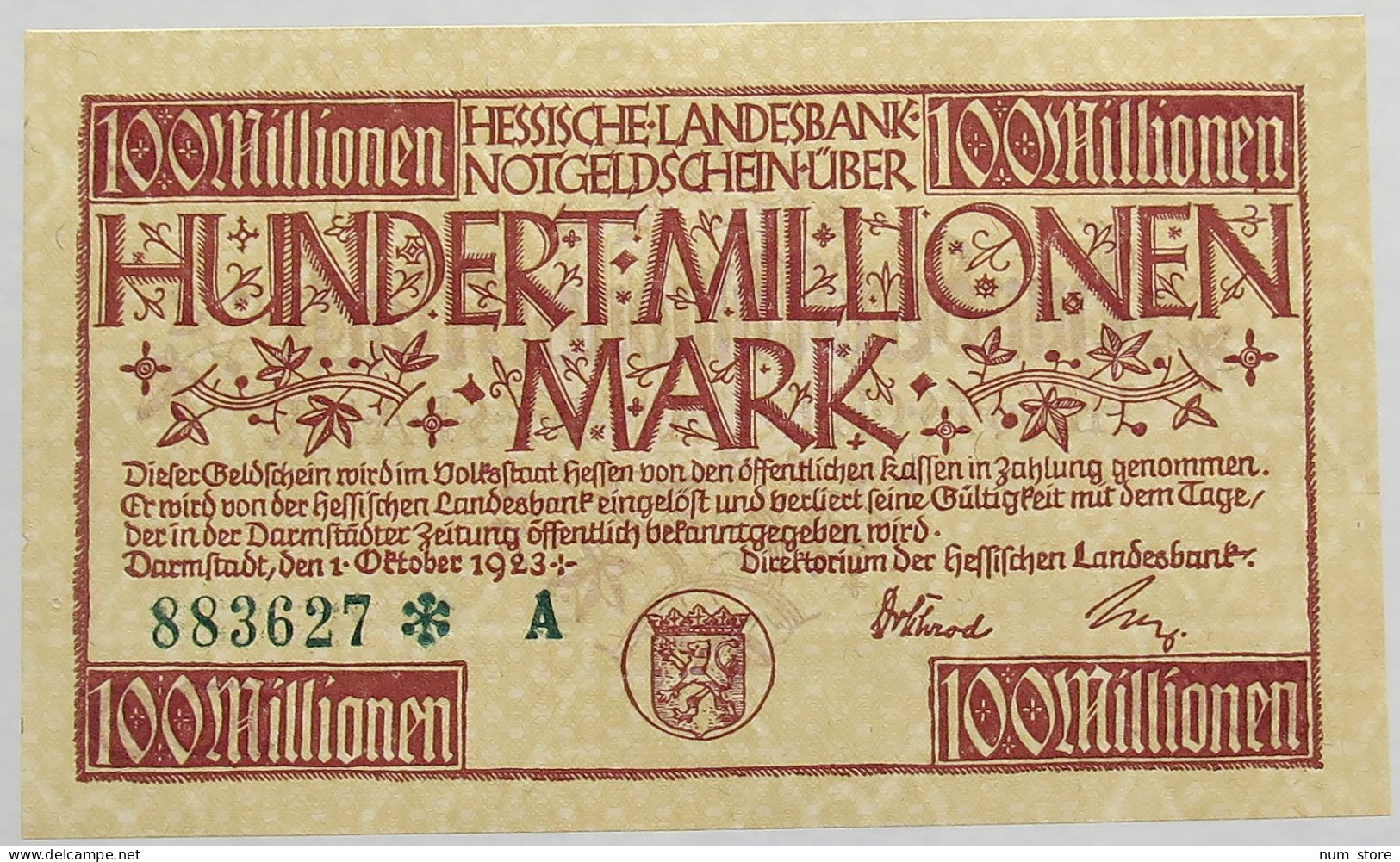 GERMANY 100 MILLIONEN MARK 1923 HESSEN #alb008 0019 - 100 Miljoen Mark