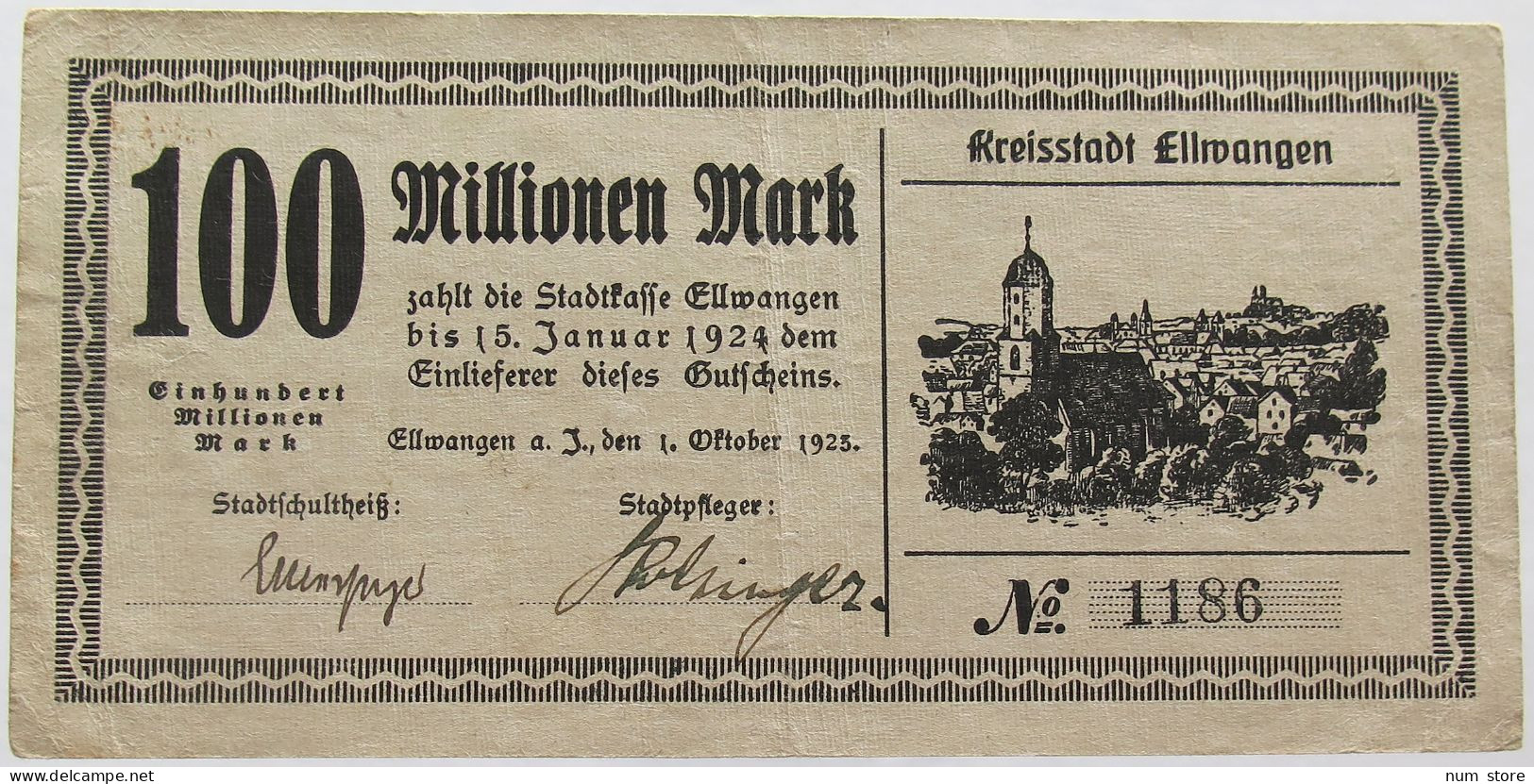 GERMANY 100 MILLIONEN MARK 1923 ELLWANGEN #alb002 0261 - 100 Mio. Mark