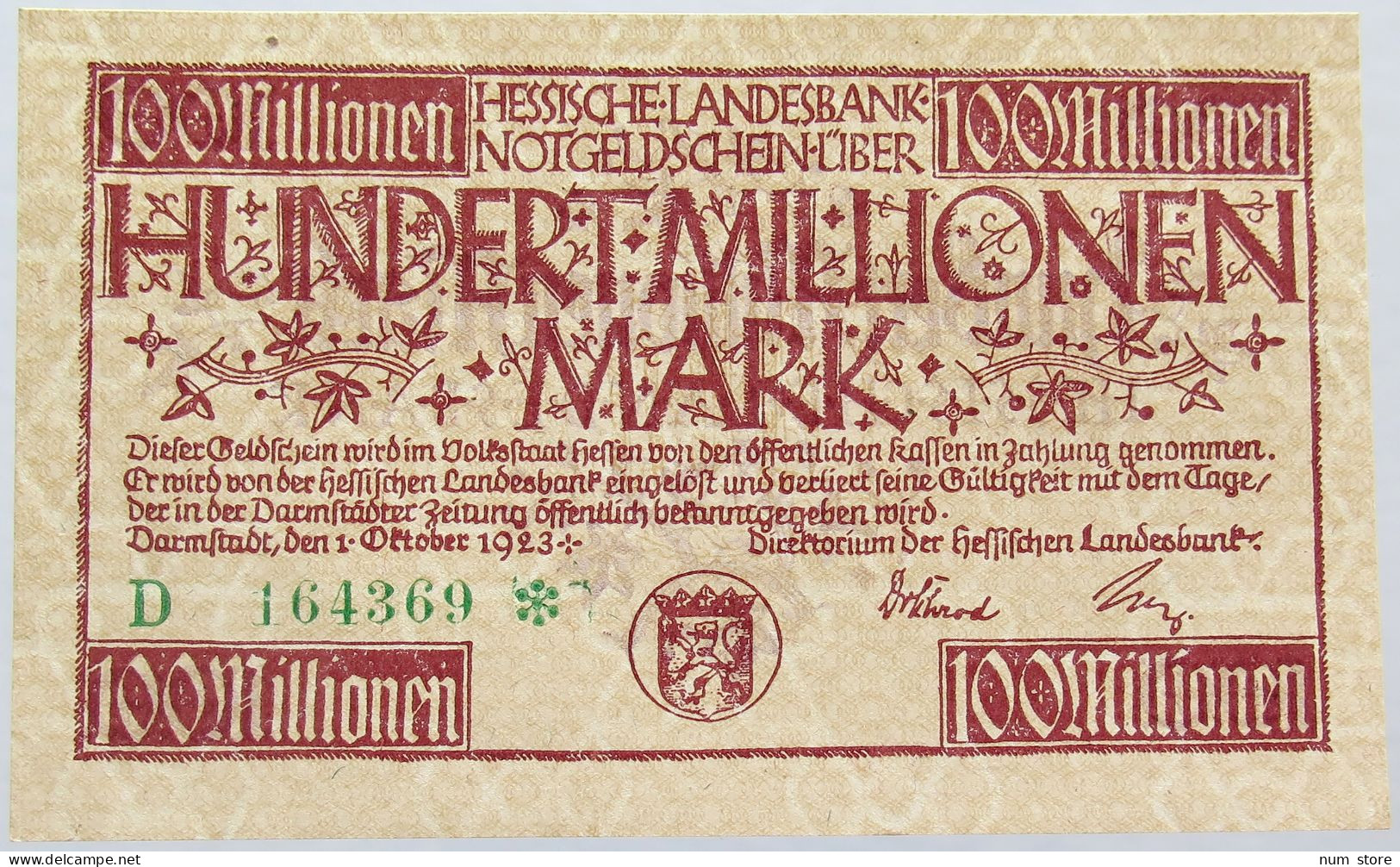 GERMANY 100 MILLIONEN MARK 1923 HESSEN #alb004 0139 - 100 Millionen Mark