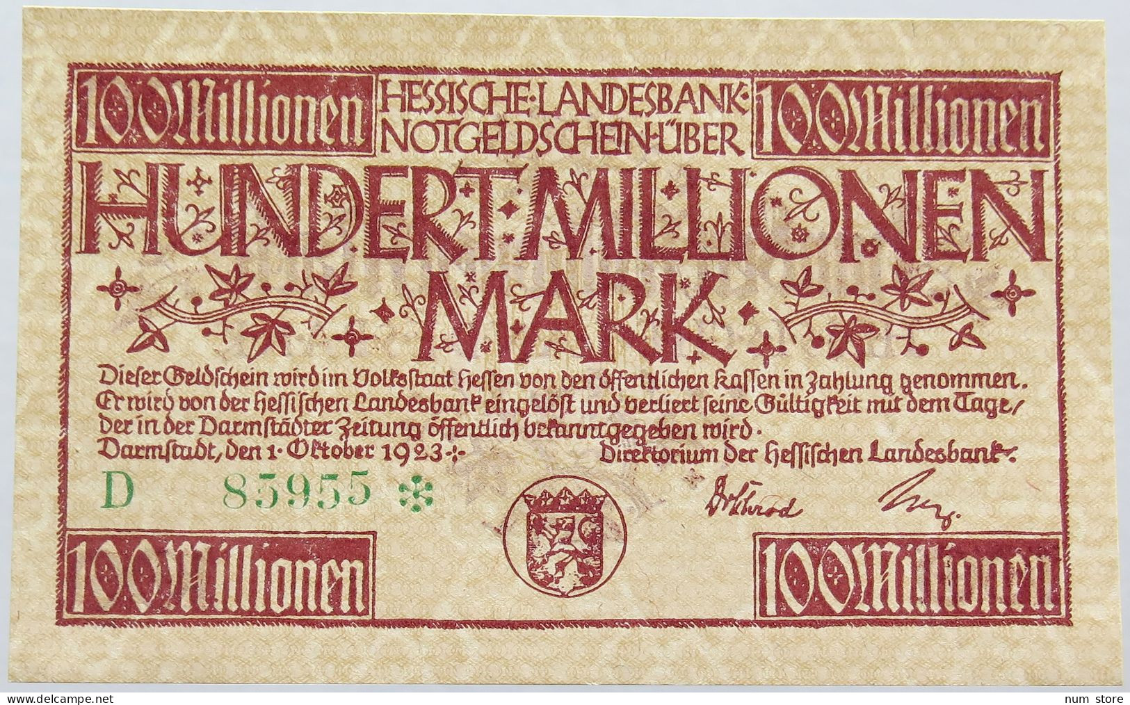 GERMANY 100 MILLIONEN MARK 1923 HESSEN #alb004 0145 - 100 Mio. Mark