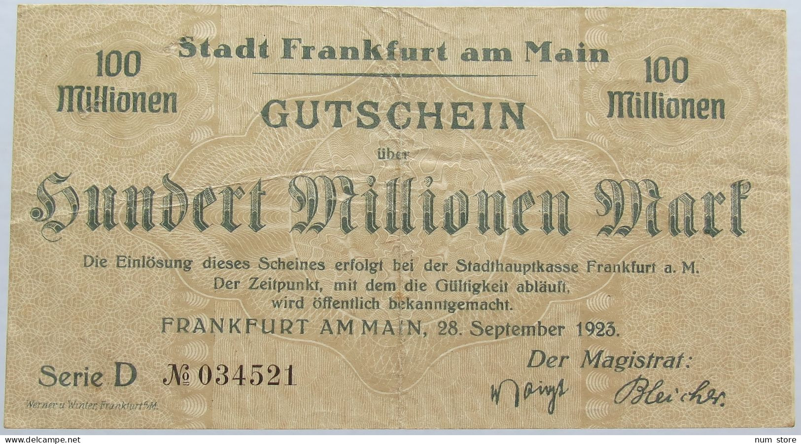 GERMANY 100 MILLIONEN MARK 1923 FRANKFURT #alb004 0353 - 100 Mio. Mark