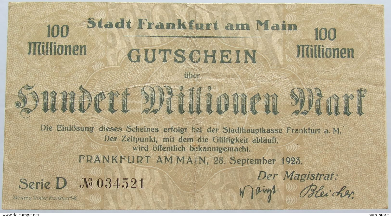 GERMANY 100 MILLIONEN MARK 1923 FRANKFURT #alb004 0353 - 100 Miljoen Mark