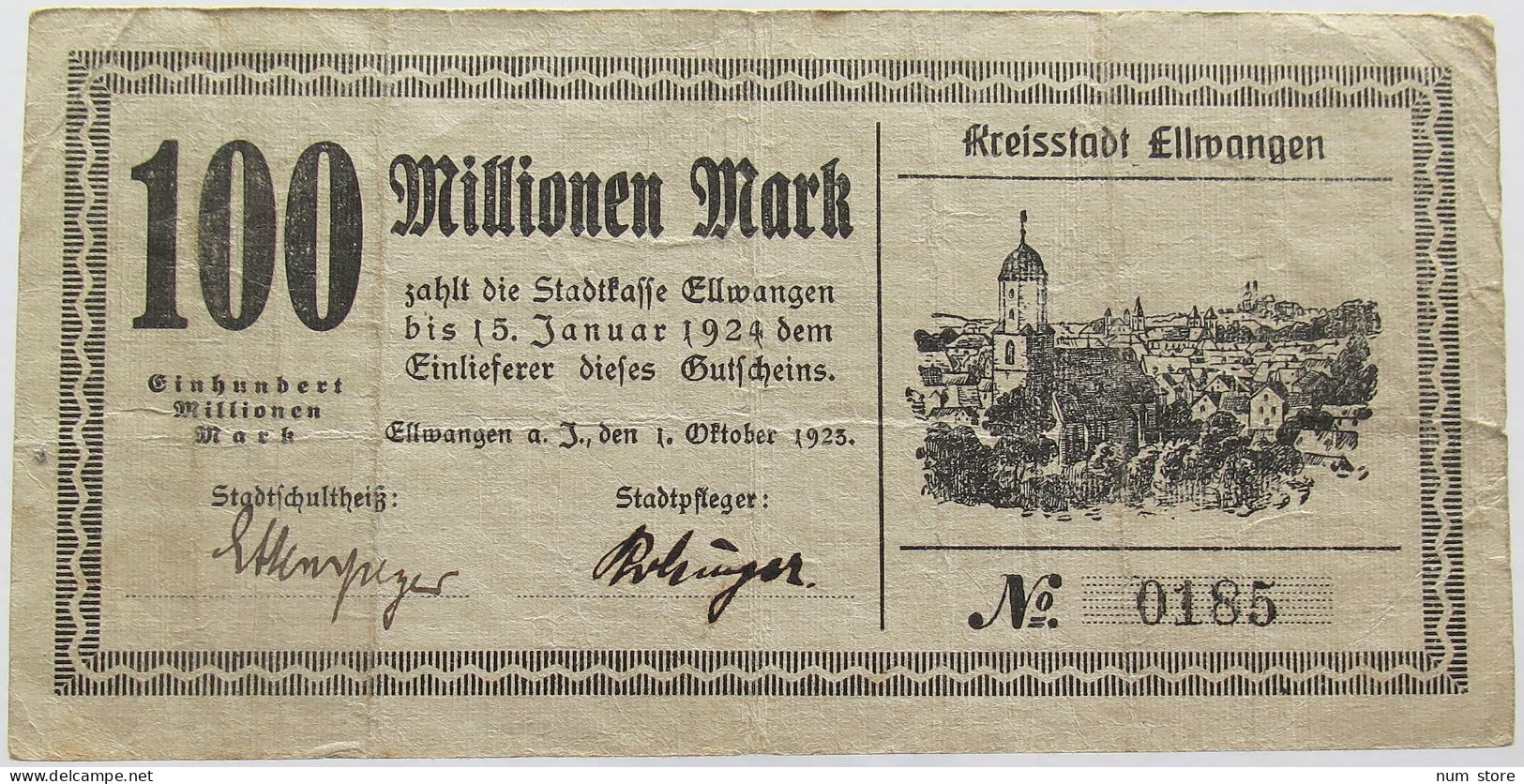 GERMANY 100 MILLIONEN MARK 1923 ELLWANGEN #alb002 0259 - 100 Miljoen Mark