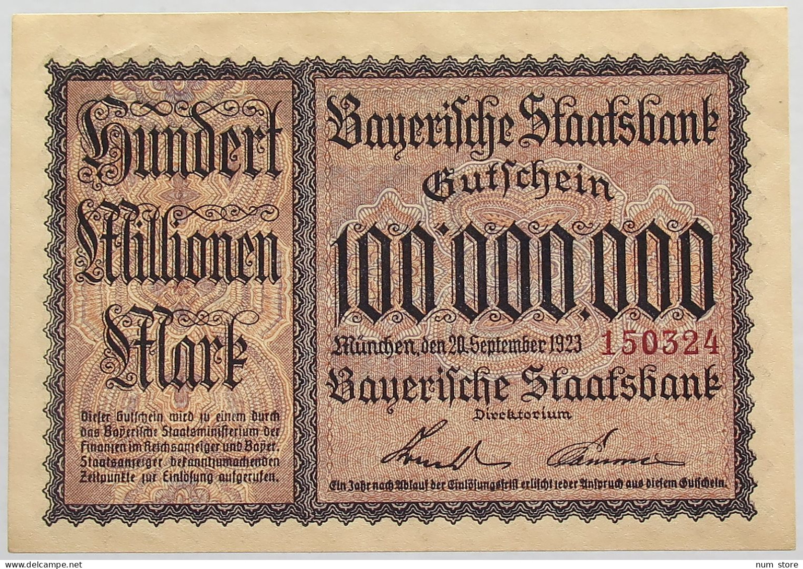 GERMANY 100 MILLIONEN MARK 1923 BAYERN #alb008 0101 - 100 Mio. Mark