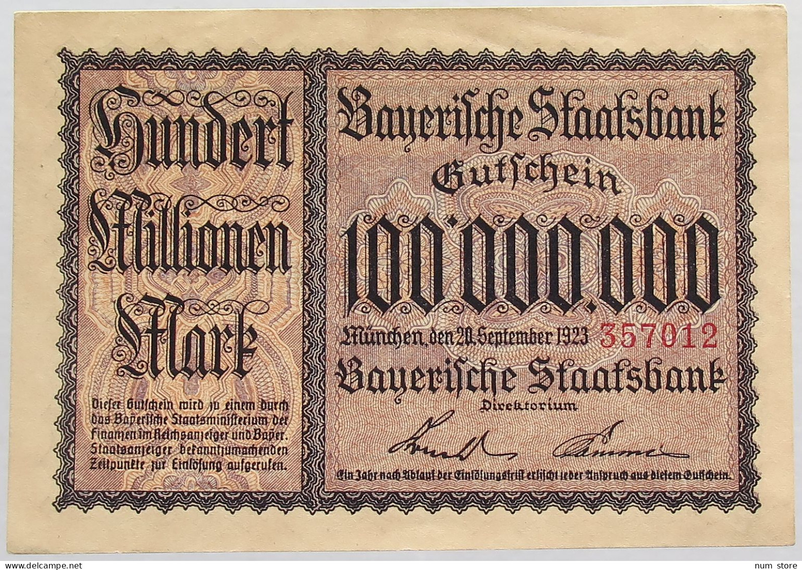 GERMANY 100 MILLIONEN MARK 1923 BAYERN #alb008 0105 - 100 Miljoen Mark