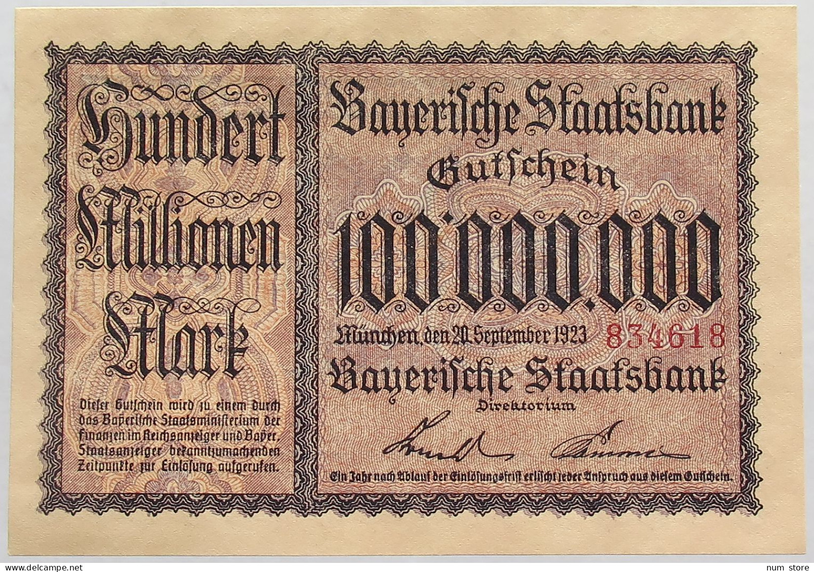 GERMANY 100 MILLIONEN MARK 1923 BAYERN #alb008 0103 - 100 Millionen Mark