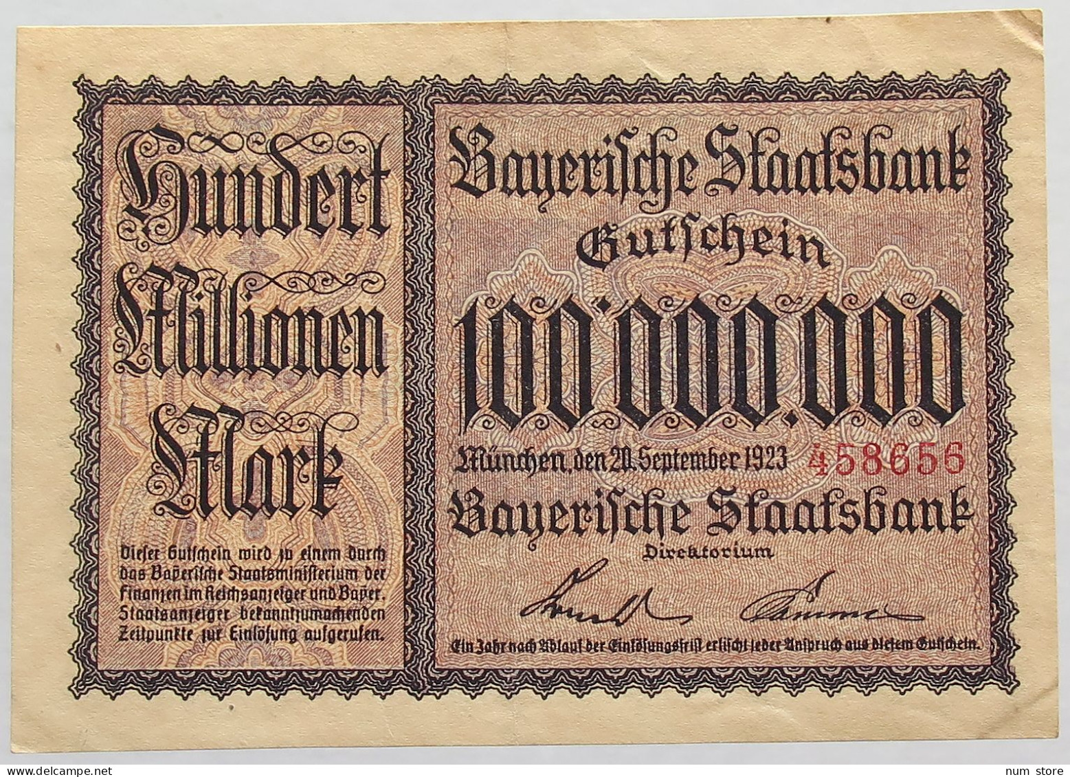 GERMANY 100 MILLIONEN MARK 1923 BAYERN #alb008 0107 - 100 Mio. Mark