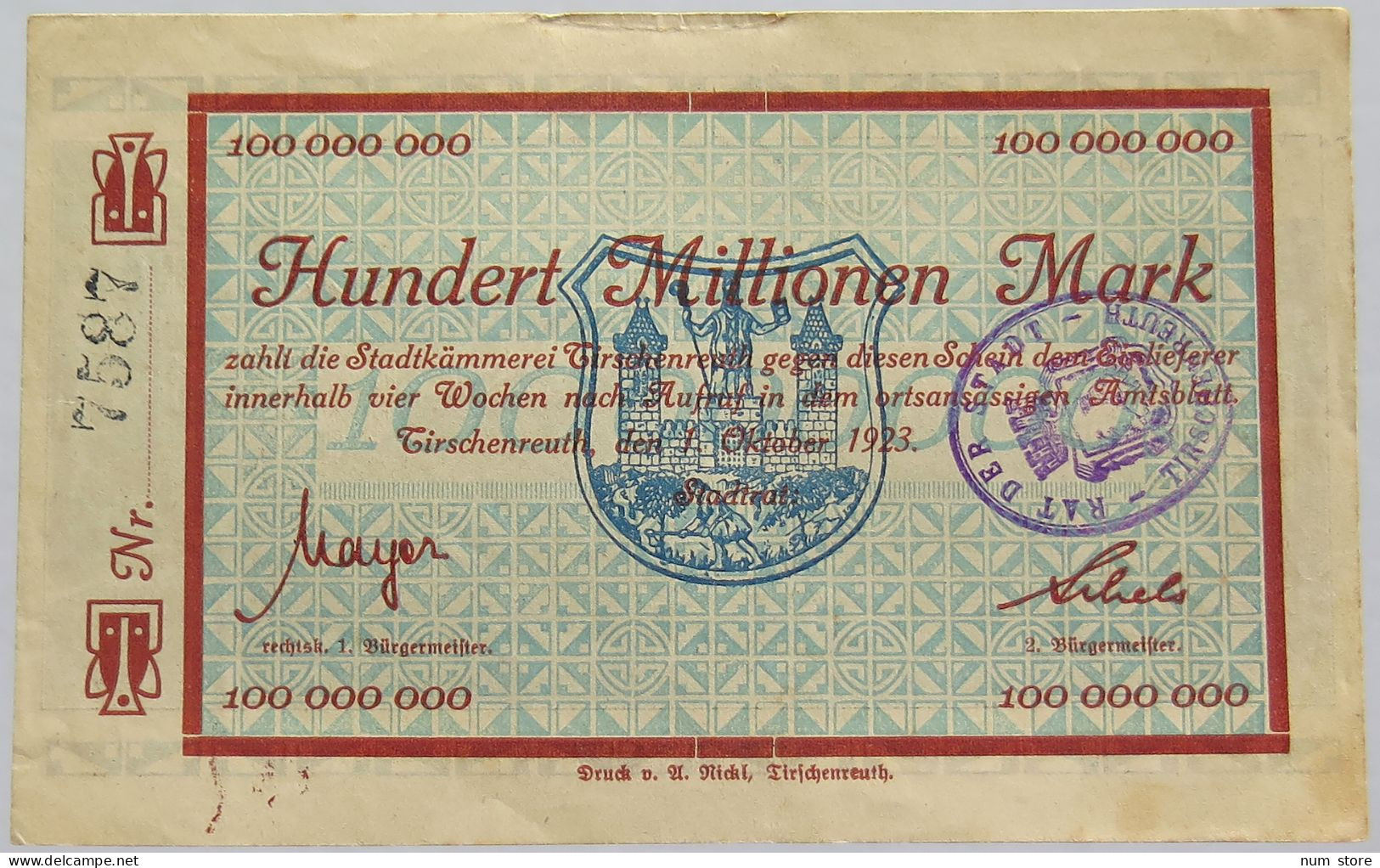 GERMANY 100 MILLION MARK MARL TIRSCHENREUTH #alb010 0103 - 100 Mio. Mark