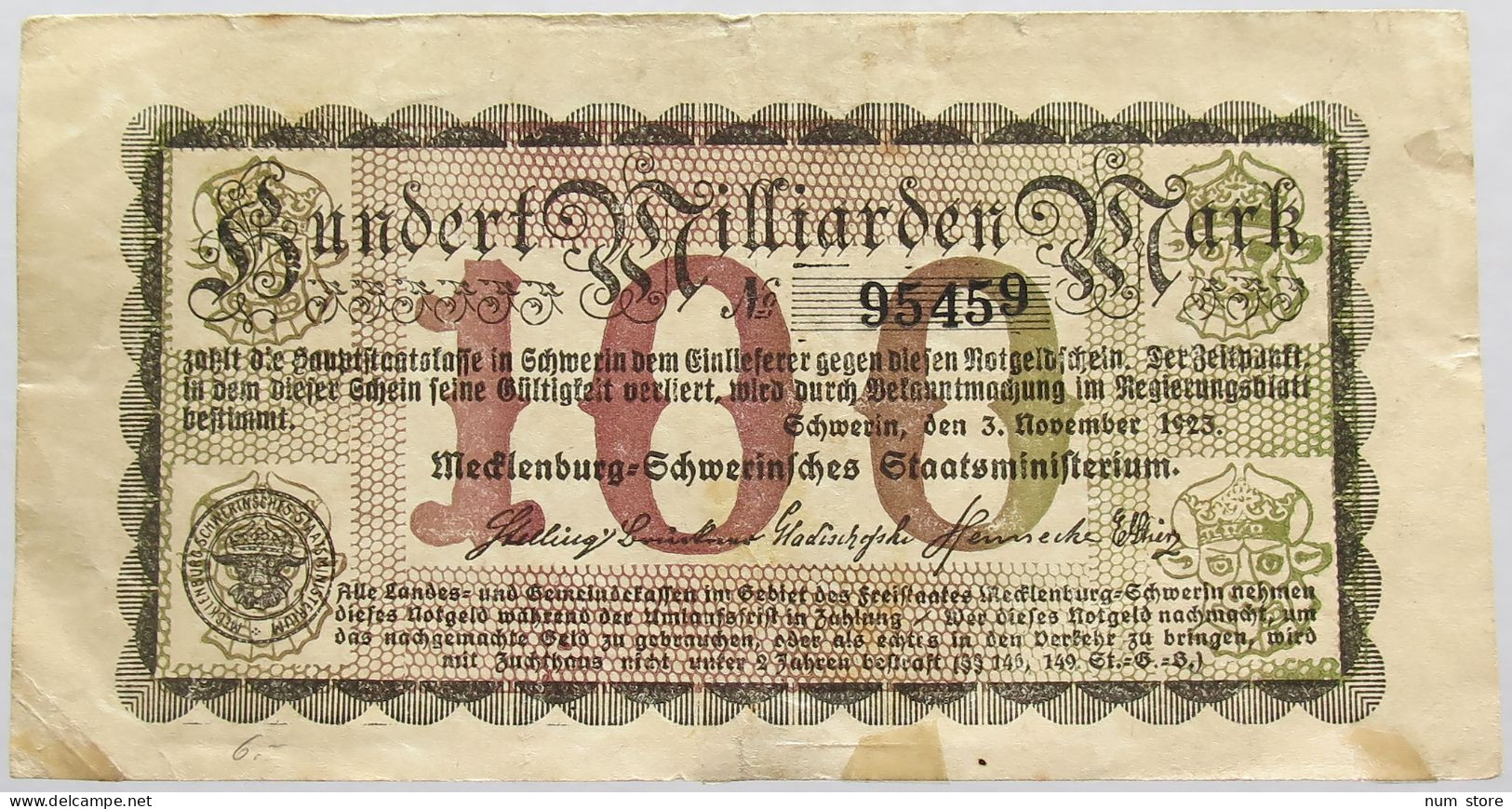 GERMANY 100 MILLIARDEN MARK 1923 MECKLENBURG #alb008 0195 - 100 Milliarden Mark