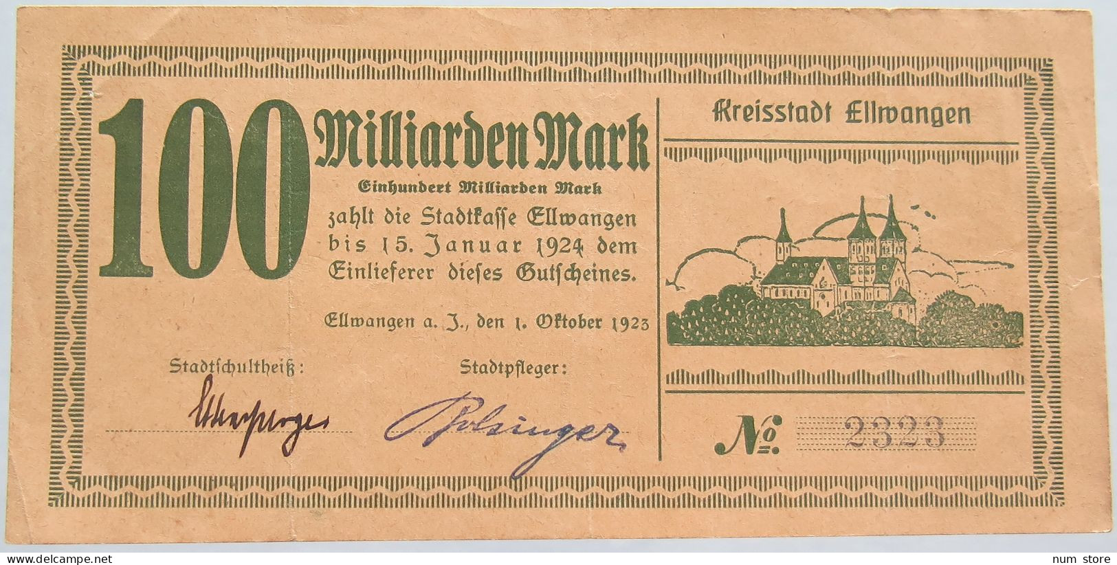 GERMANY 100 MILLIARDEN MARK 1923 ELLWANGEN #alb002 0293 - 100 Milliarden Mark