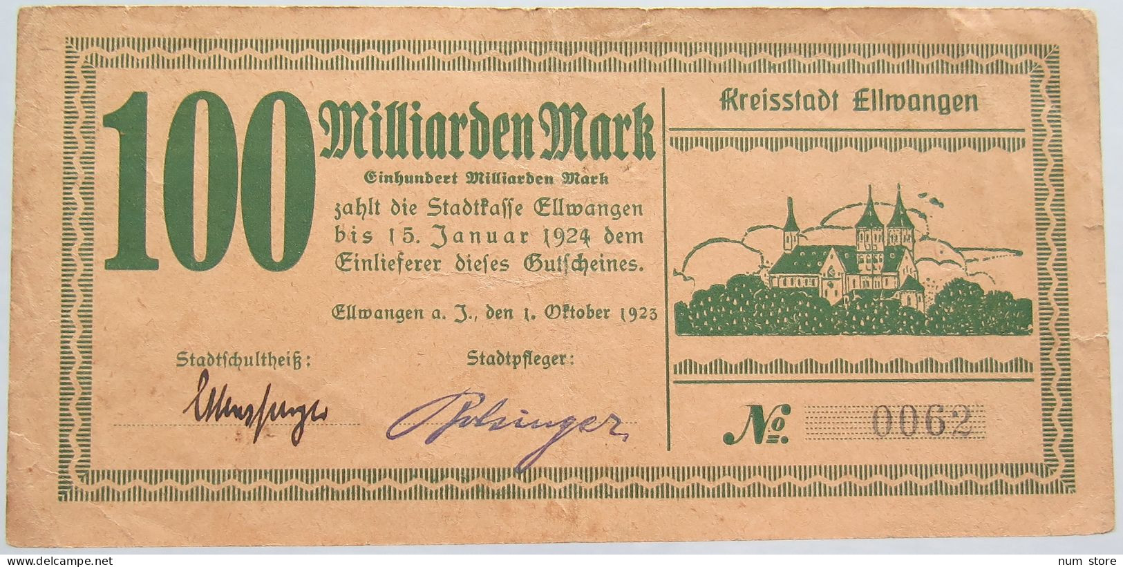 GERMANY 100 MILLIARDEN MARK 1923 ELLWANGEN #alb002 0287 - 100 Milliarden Mark