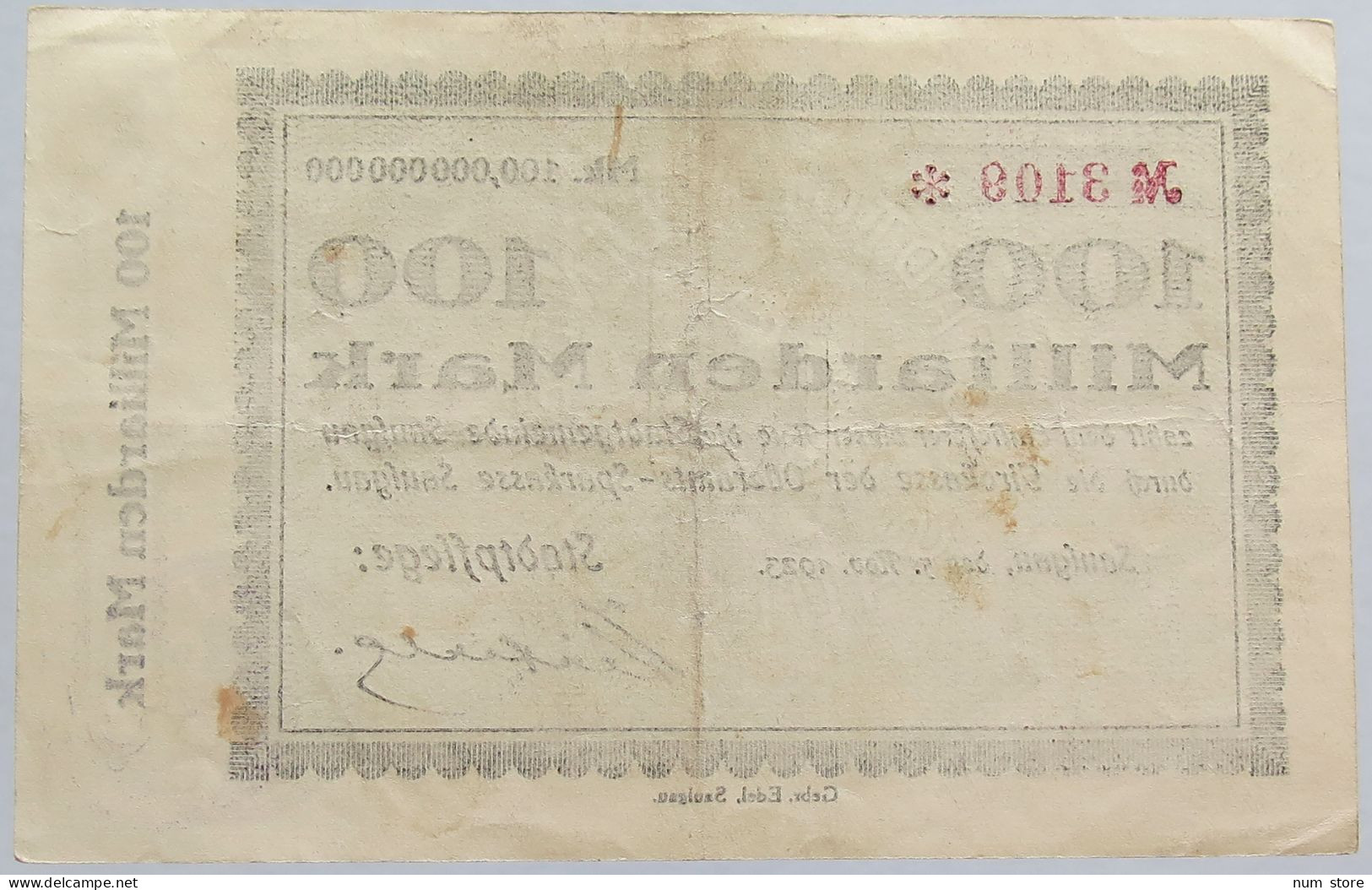 GERMANY 100 MILLIARDEN MARK 1923 SAULGAU #alb002 0371 - 100 Miljard Mark