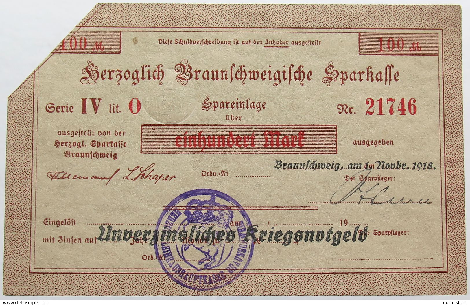 GERMANY 100 MARK 1918 BRAUNSCHWEIG #alb004 0609 - 100 Mark