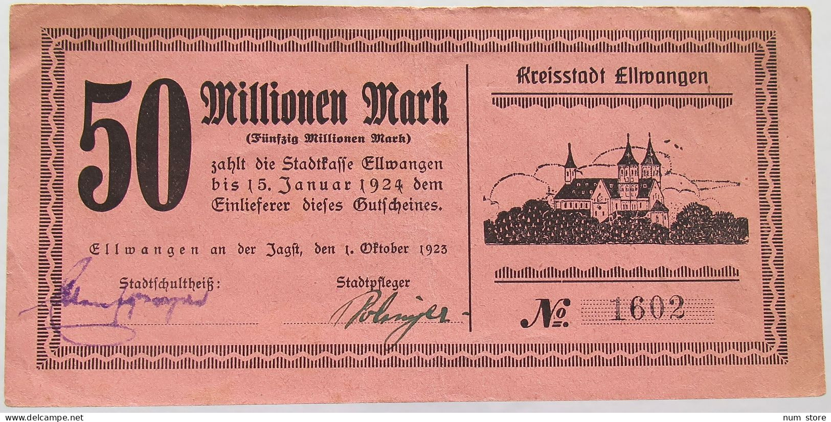 GERMANY 50 MILLIONEN MARK 1923 ELLWANGEN #alb002 0257 - 50 Millionen Mark