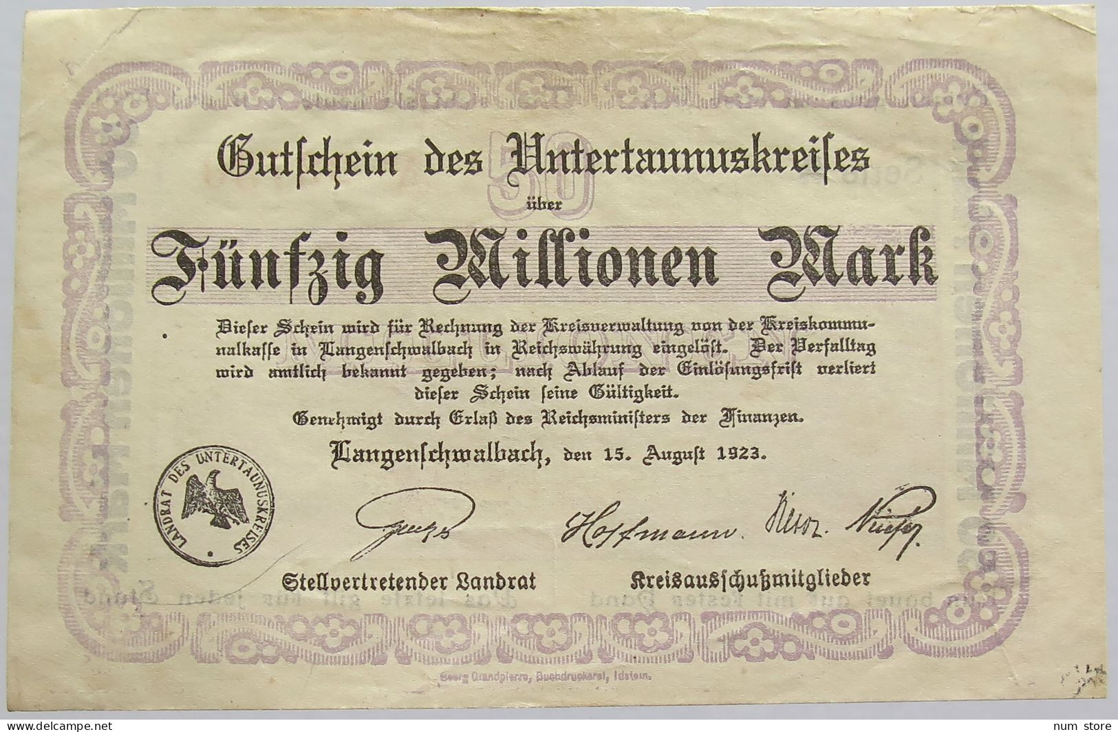 GERMANY 50 MILLIONEN 1923 LANGENSCHWALBACH #alb019 0021 - 50 Miljoen Mark