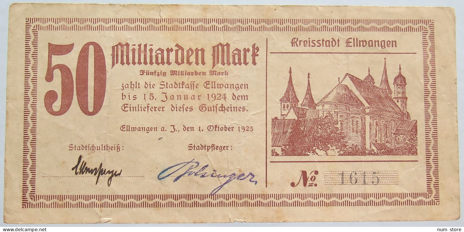 GERMANY 50 MILLIARDEN MARK 1923 ELLWANGEN #alb002 0285 - 50 Mrd. Mark