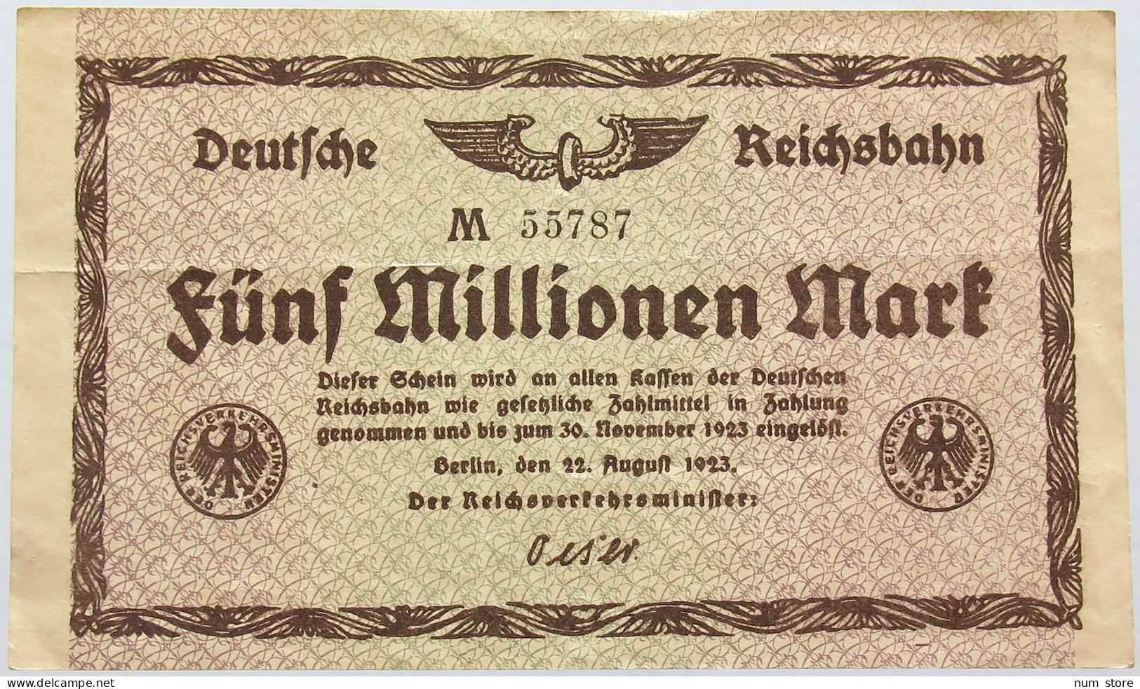 GERMANY 5 MILLIONEN MARK REICHSBAHN #alb004 0009 - 5 Miljoen Mark