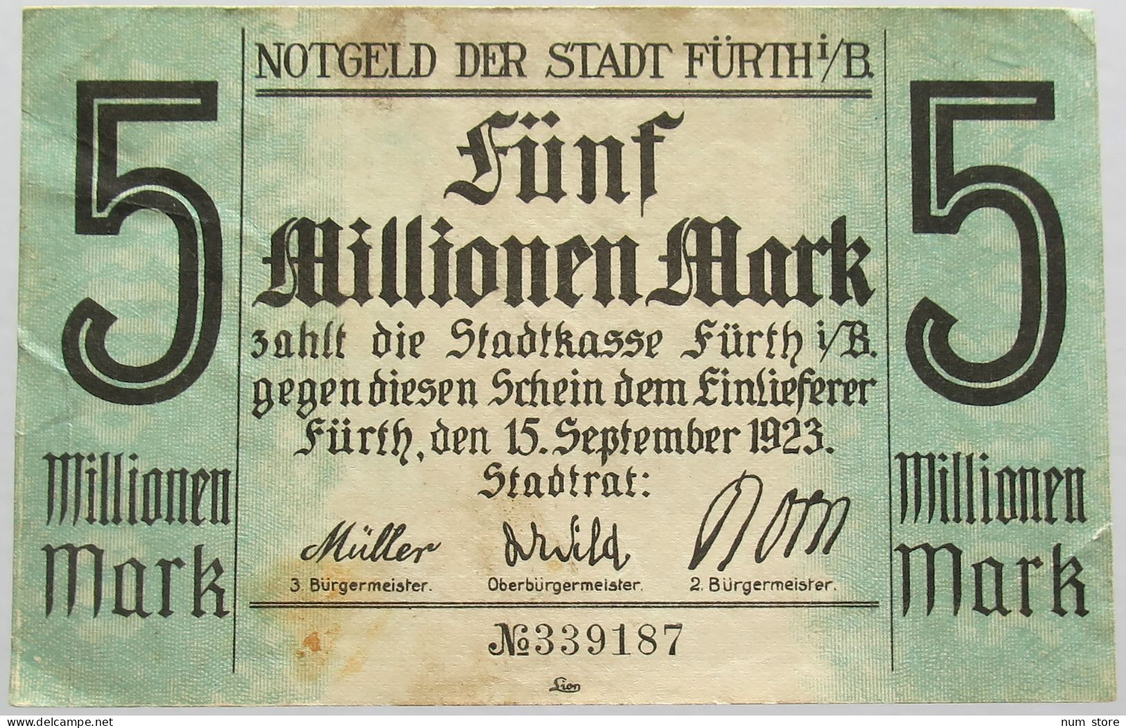 GERMANY 5 MILLIONEN MARK 1923 FURTH #alb003 0409 - 5 Millionen Mark