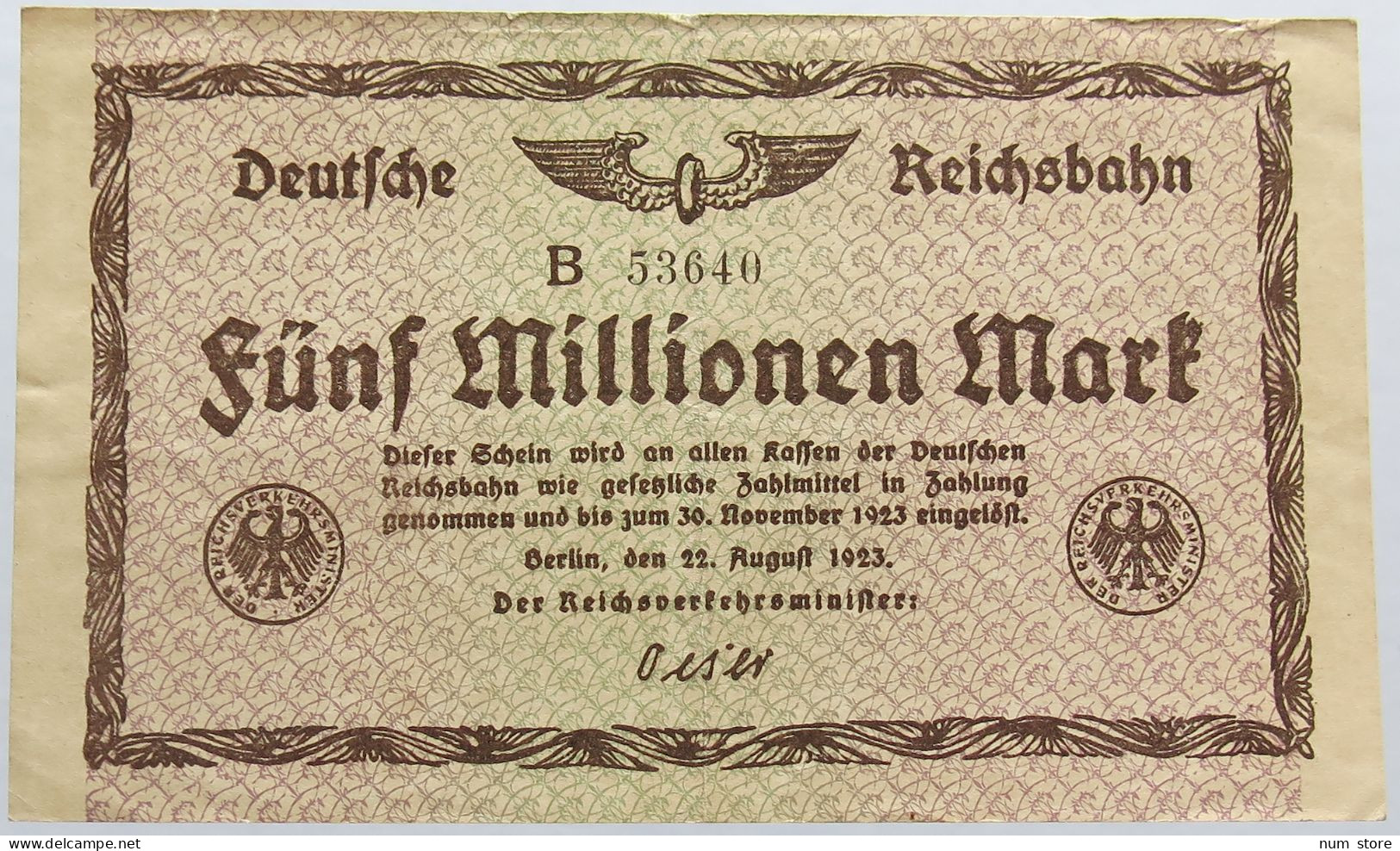 GERMANY 5 MILLIONEN MARK 1923 REICHSBAHN #alb004 0379 - 5 Millionen Mark
