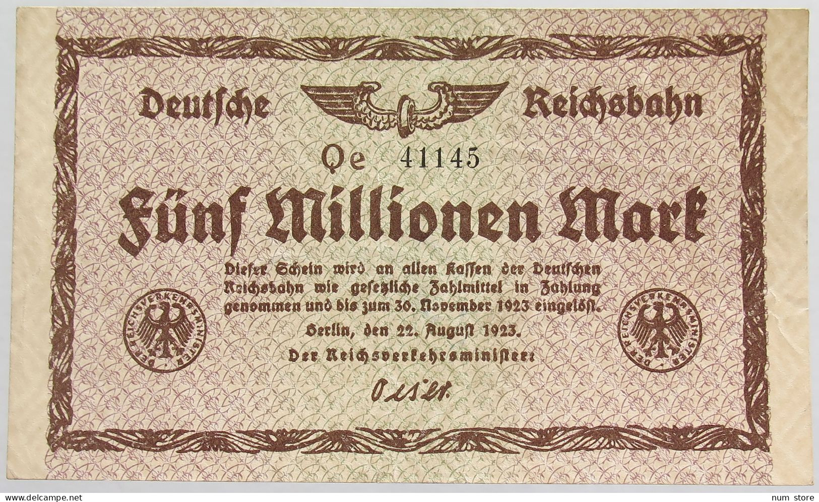 GERMANY 5 MILLIONEN MARK 1923 REICHSBAHN #alb012 0079 - 5 Mio. Mark