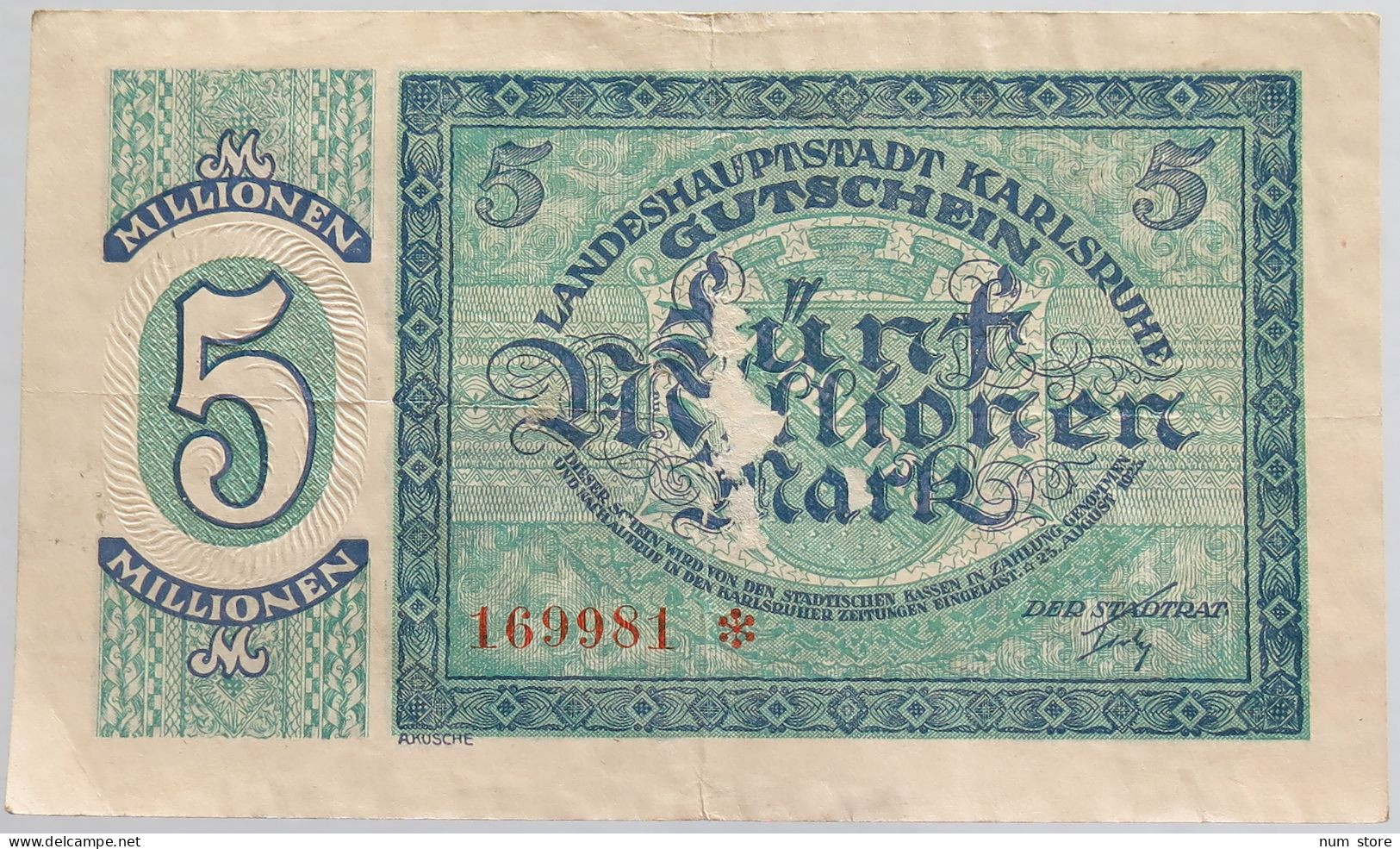 GERMANY 5 MILLIONEN MARK 1923 KARSRUHE #alb012 0053 - 5 Millionen Mark