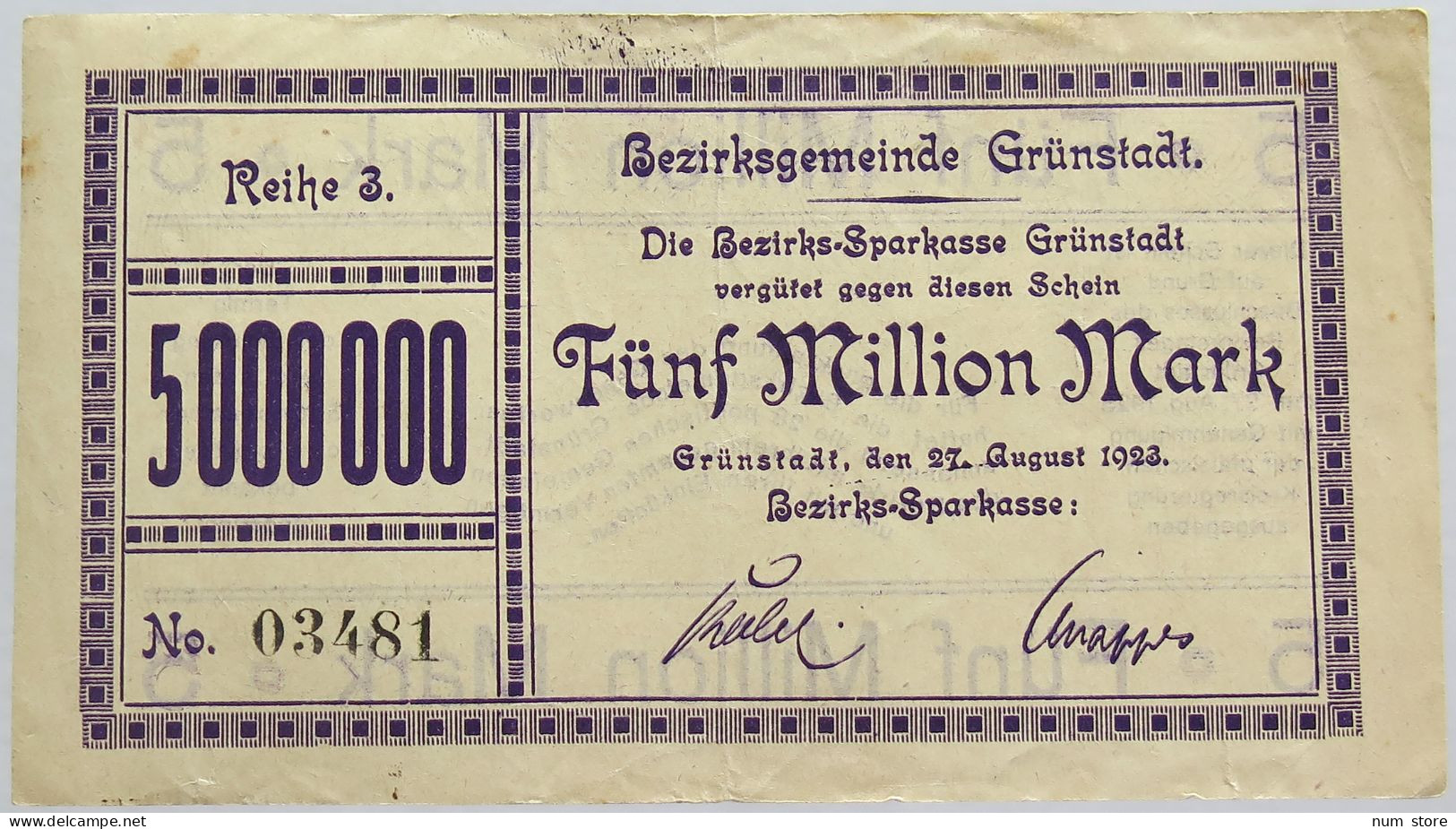 GERMANY 5 MILLIONEN MARK 1923 GRUNSTADT #alb019 0029 - 5 Millionen Mark