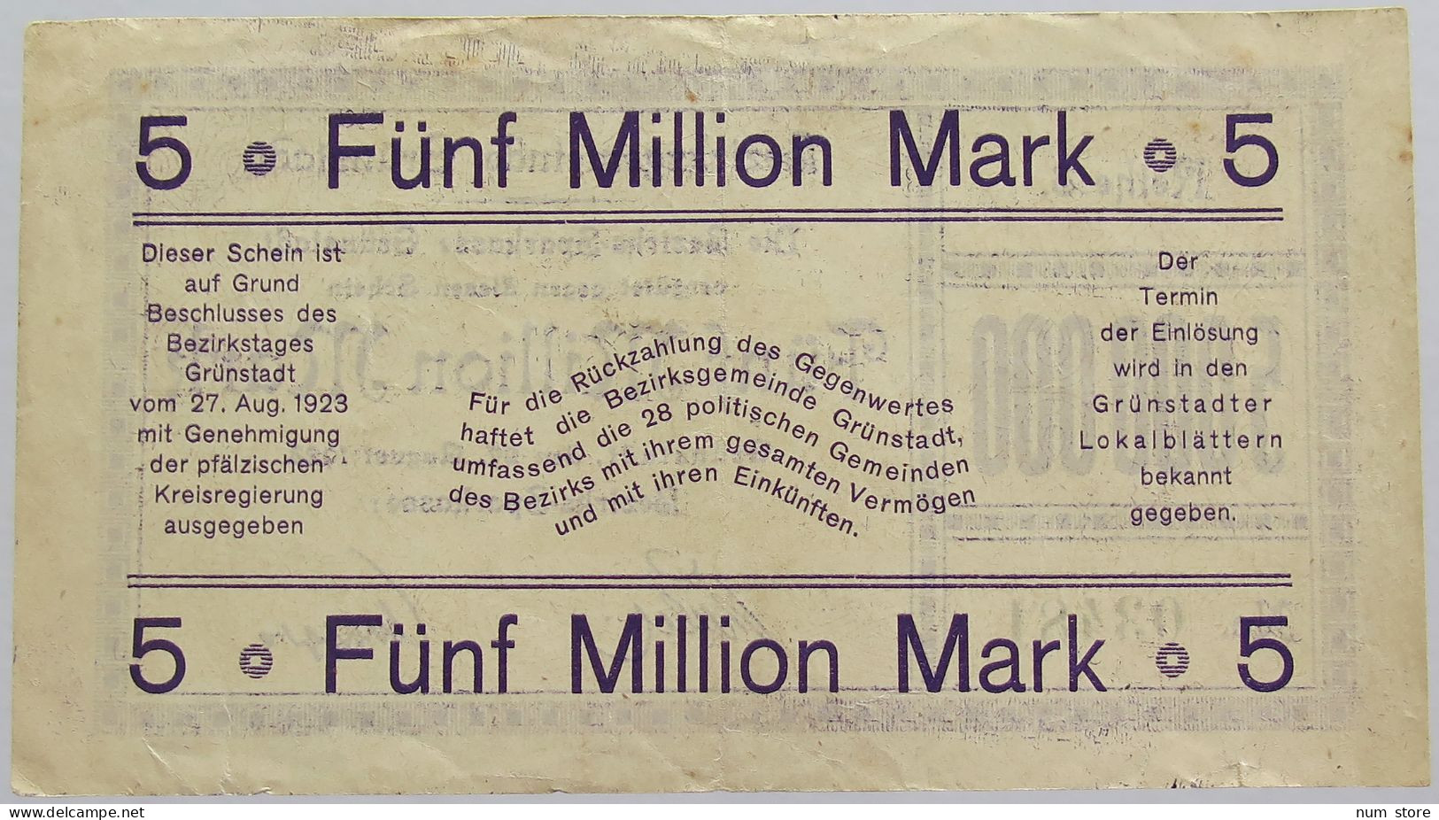 GERMANY 5 MILLIONEN MARK 1923 GRUNSTADT #alb019 0029 - 5 Miljoen Mark