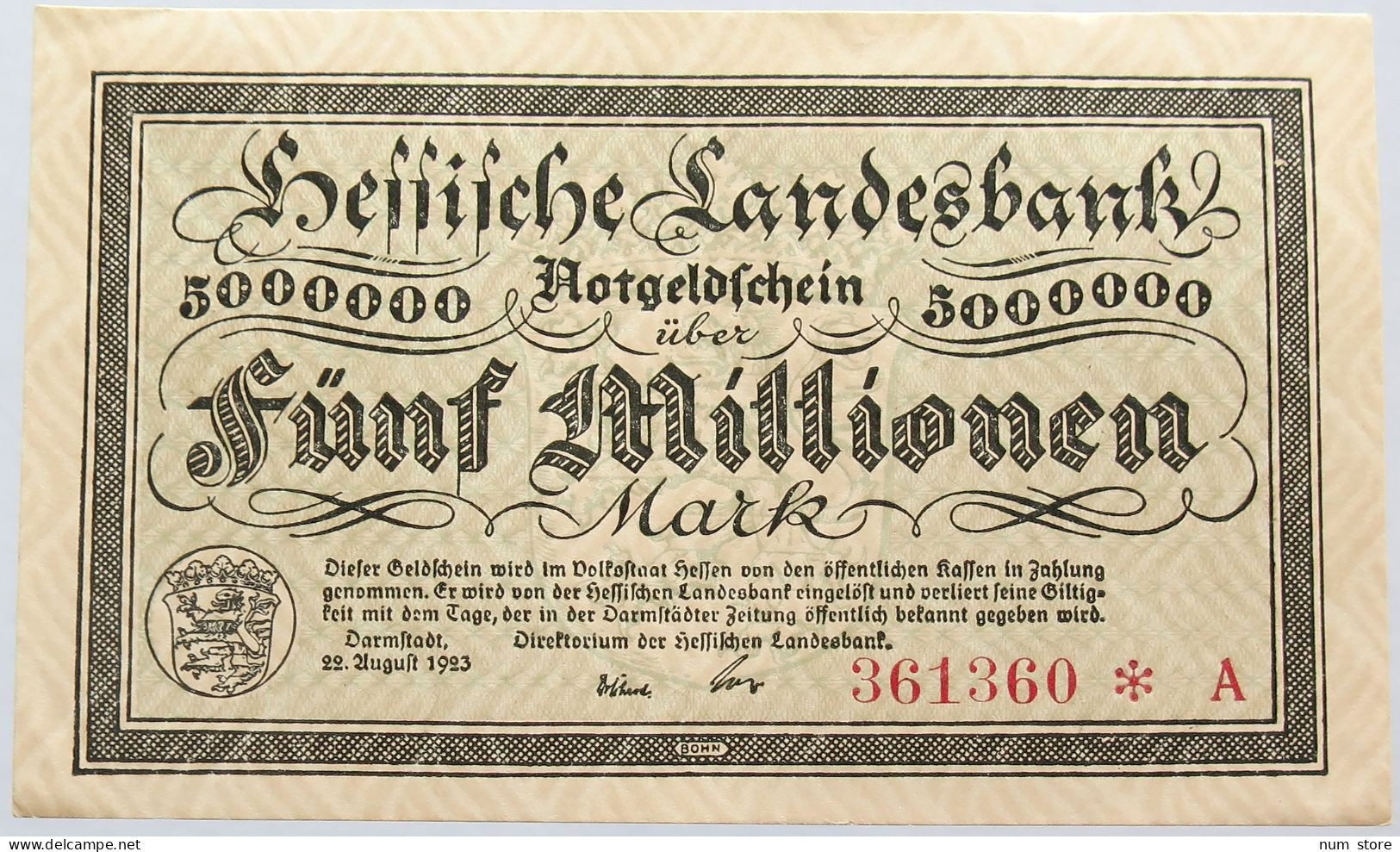 GERMANY 5 MILLIONEN MARK 1923 HESSEN #alb004 0003 - 5 Mio. Mark