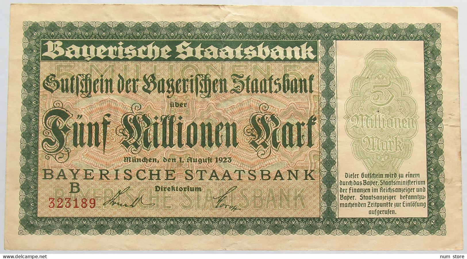 GERMANY 5 MILLIONEN MARK 1923 BAYERN #alb008 0077 - 5 Mio. Mark