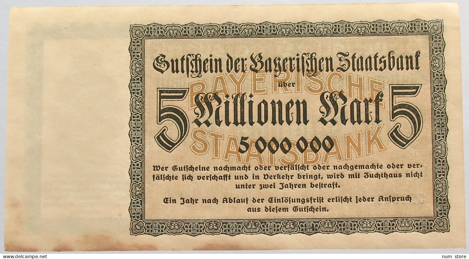 GERMANY 5 MILLIONEN MARK 1923 BAYERN #alb008 0067 - 5 Millionen Mark