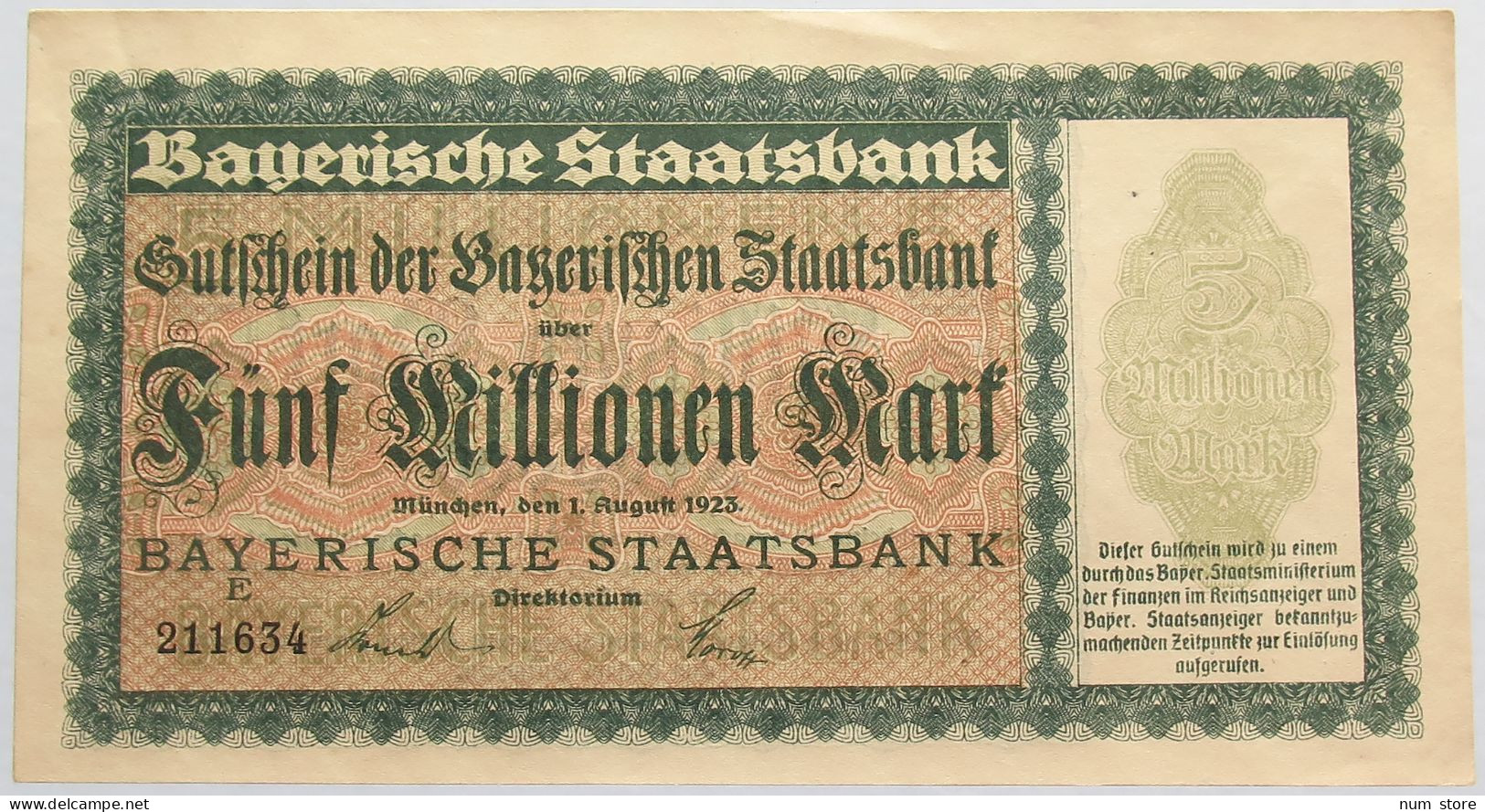 GERMANY 5 MILLIONEN MARK 1923 BAYERN #alb008 0059 - 5 Mio. Mark