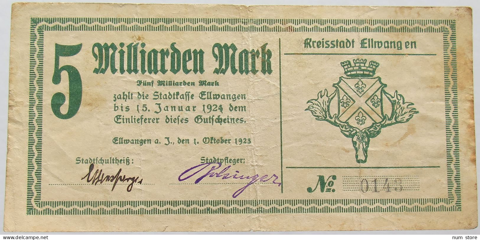 GERMANY 5 MILLIARDEN MARK 1923 ELLWANGEN #alb002 0273 - 5 Mrd. Mark