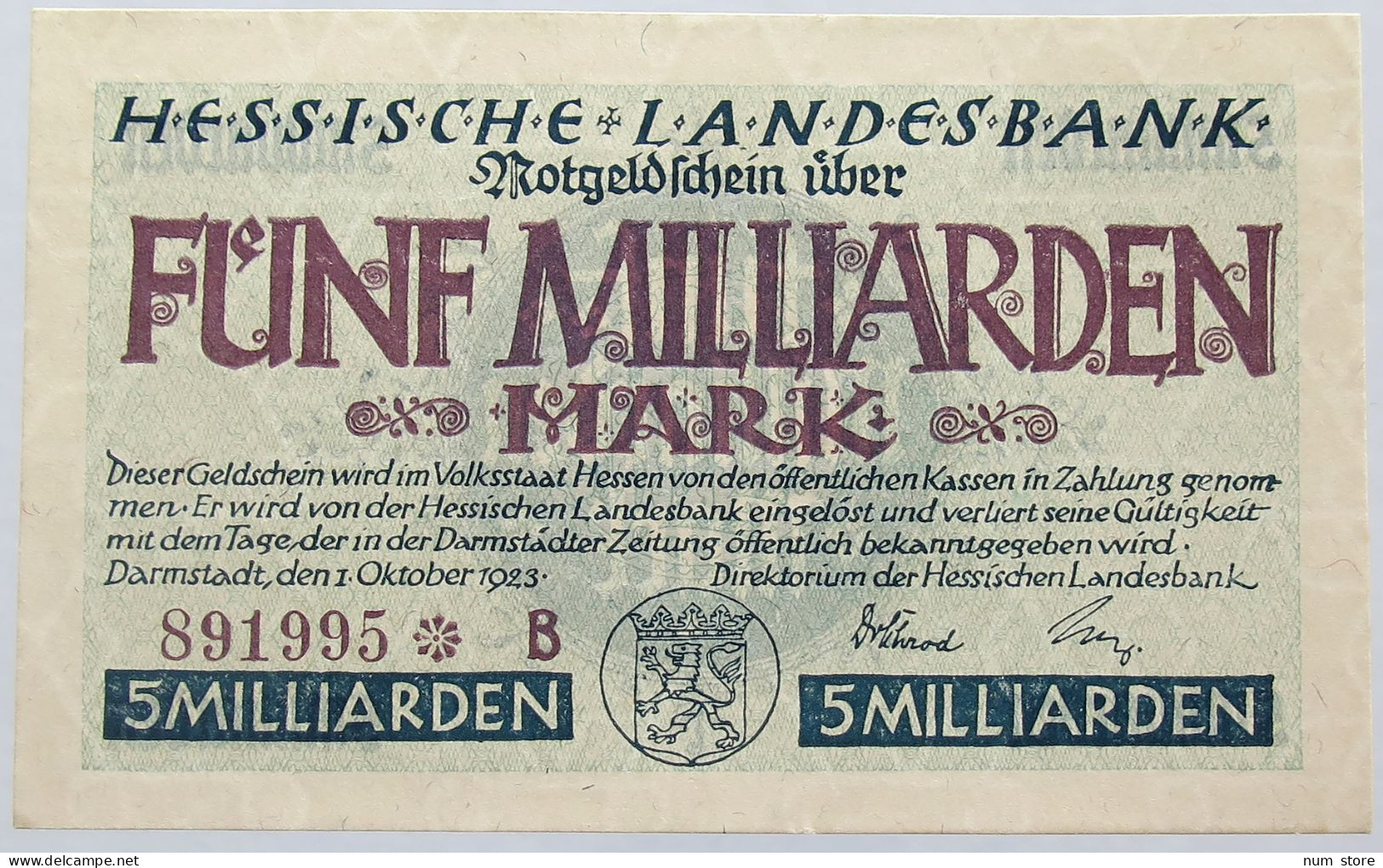 GERMANY 5 MILLIARDEN HESSEN 1923 #alb004 0267 - 5 Mrd. Mark