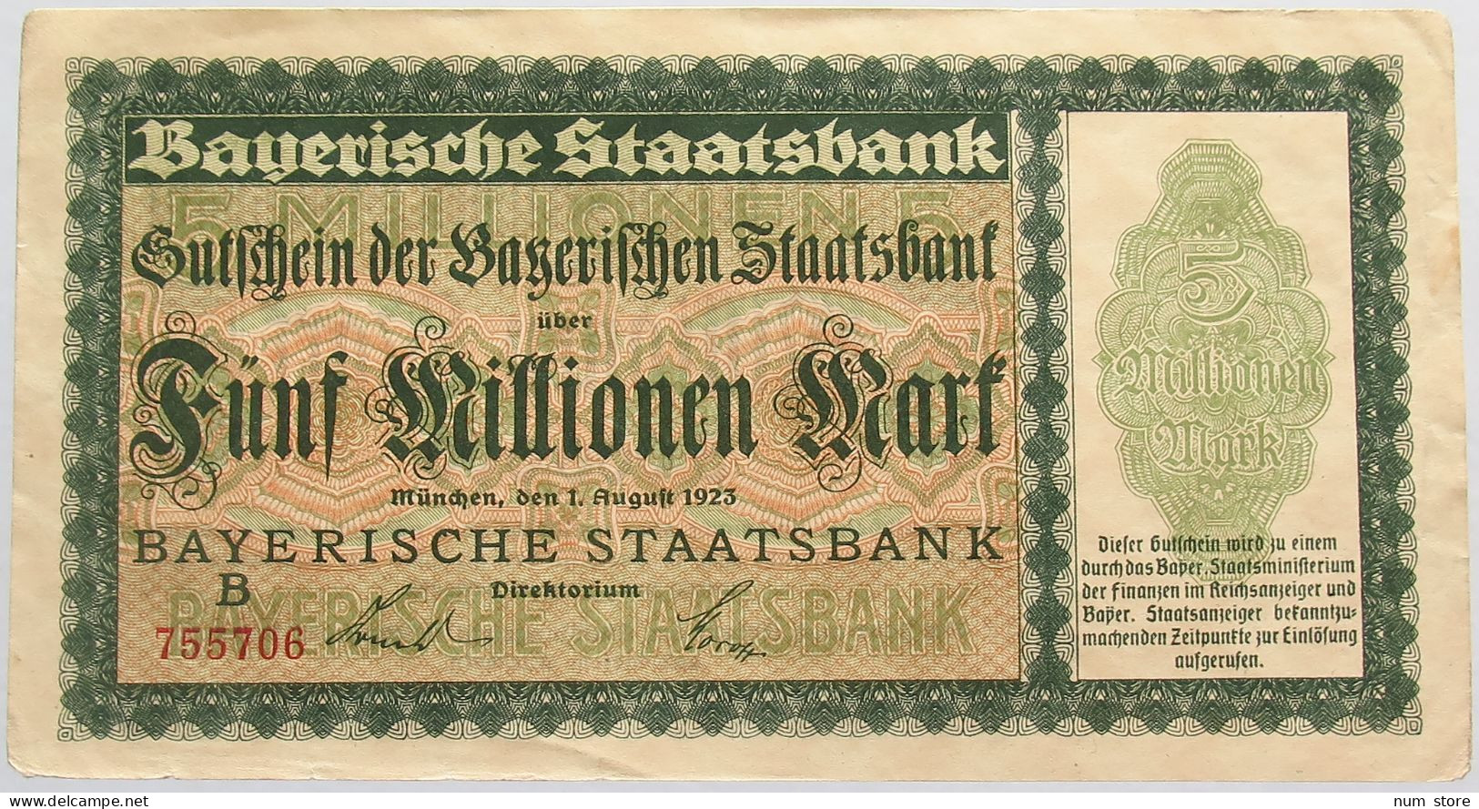 GERMANY 5 MILLIONEN MARK 1923 BAYERN #alb008 0081 - 5 Mio. Mark