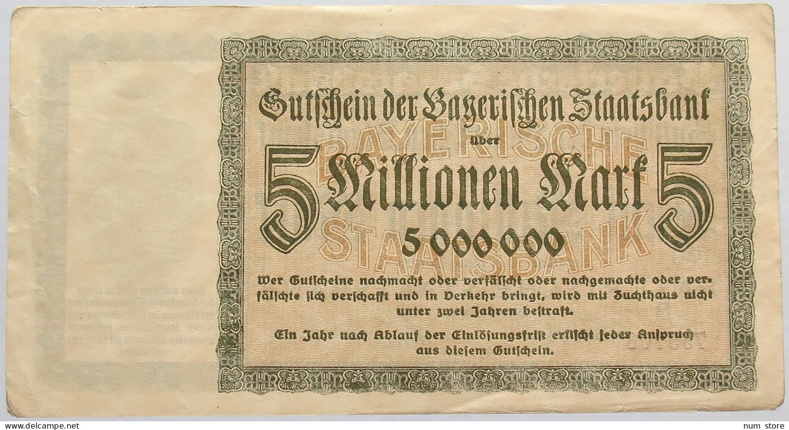 GERMANY 5 MILLIONEN MARK 1923 BAYERN #alb008 0081 - 5 Millionen Mark