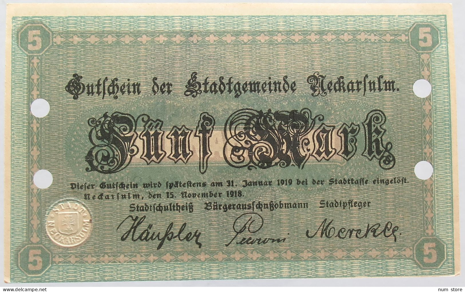 GERMANY 5 MARK 1918 NECKARSULM #alb002 0217 - 5 Mark