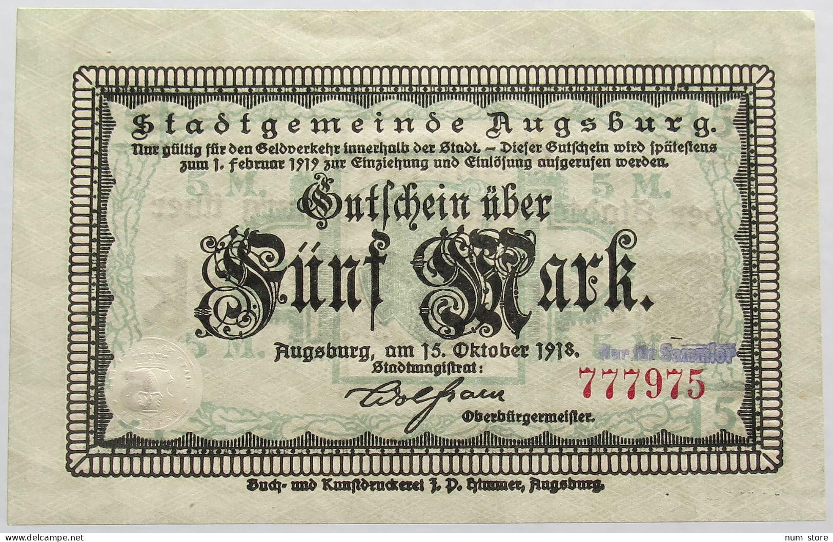 GERMANY 5 MARK 1919 AUGSBURG #alb003 0493 - 2 Mark