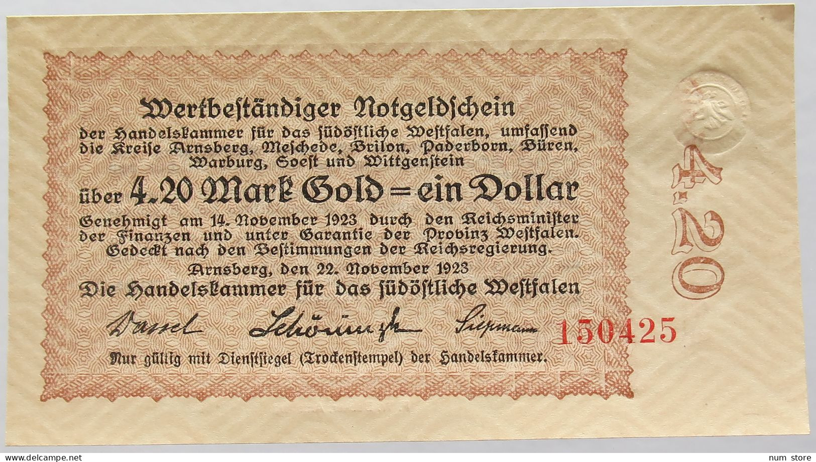 GERMANY 4.2 GOLDMARK 1923 WESTFALEN #alb008 0235 - Deutsche Golddiskontbank