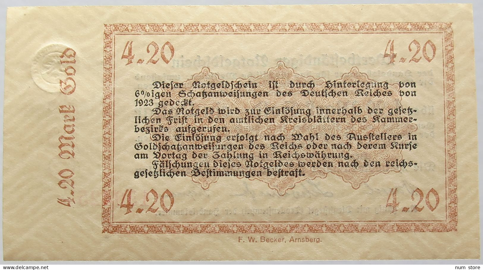 GERMANY 4.2 GOLDMARK 1923 WESTFALEN #alb008 0235 - Deutsche Golddiskontbank