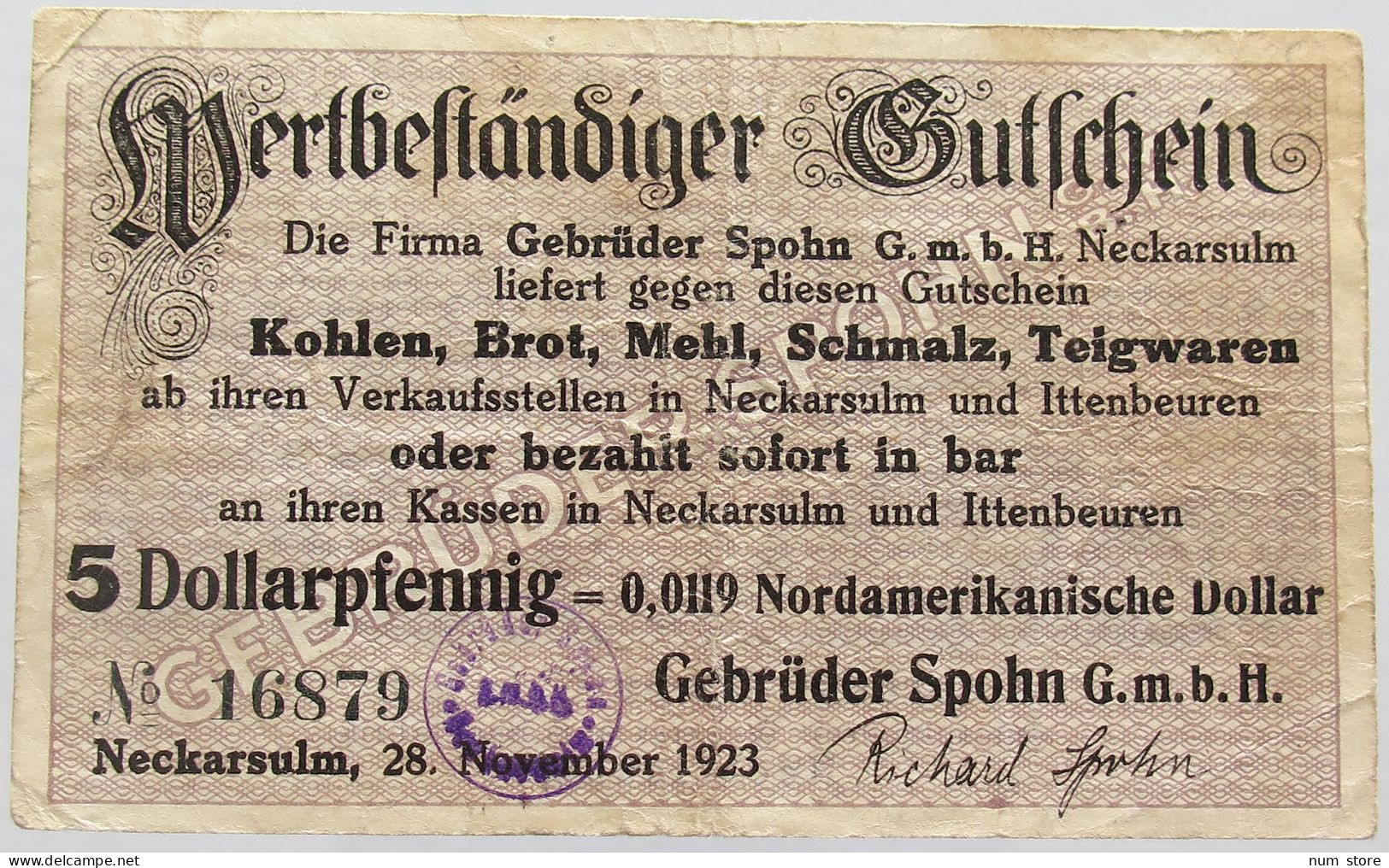 GERMANY 5 DOLLARPFENNIG NECKARSULM 1923 #alb002 0223 - Deutsche Golddiskontbank