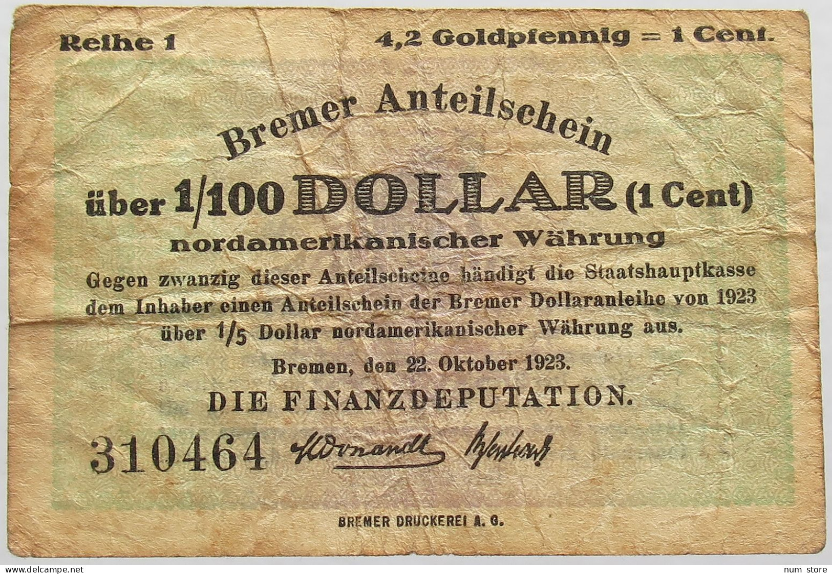 GERMANY 4.2 GOLDPFENNIG 1923 BREMEN #alb008 0205 - Deutsche Golddiskontbank