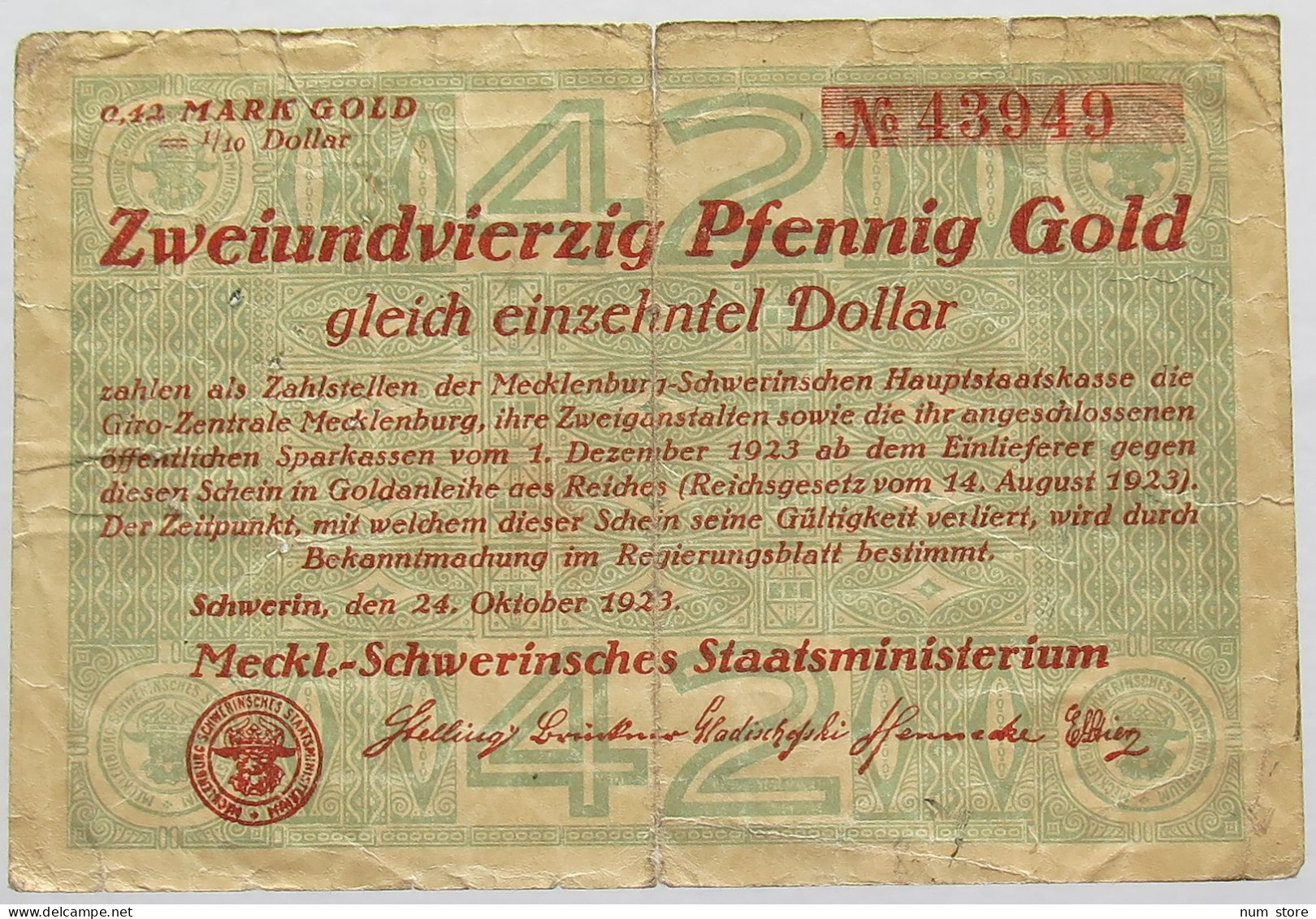 GERMANY 42 GOLDPFENNIG 1923 MECKLENBURG #alb008 0199 - Deutsche Golddiskontbank