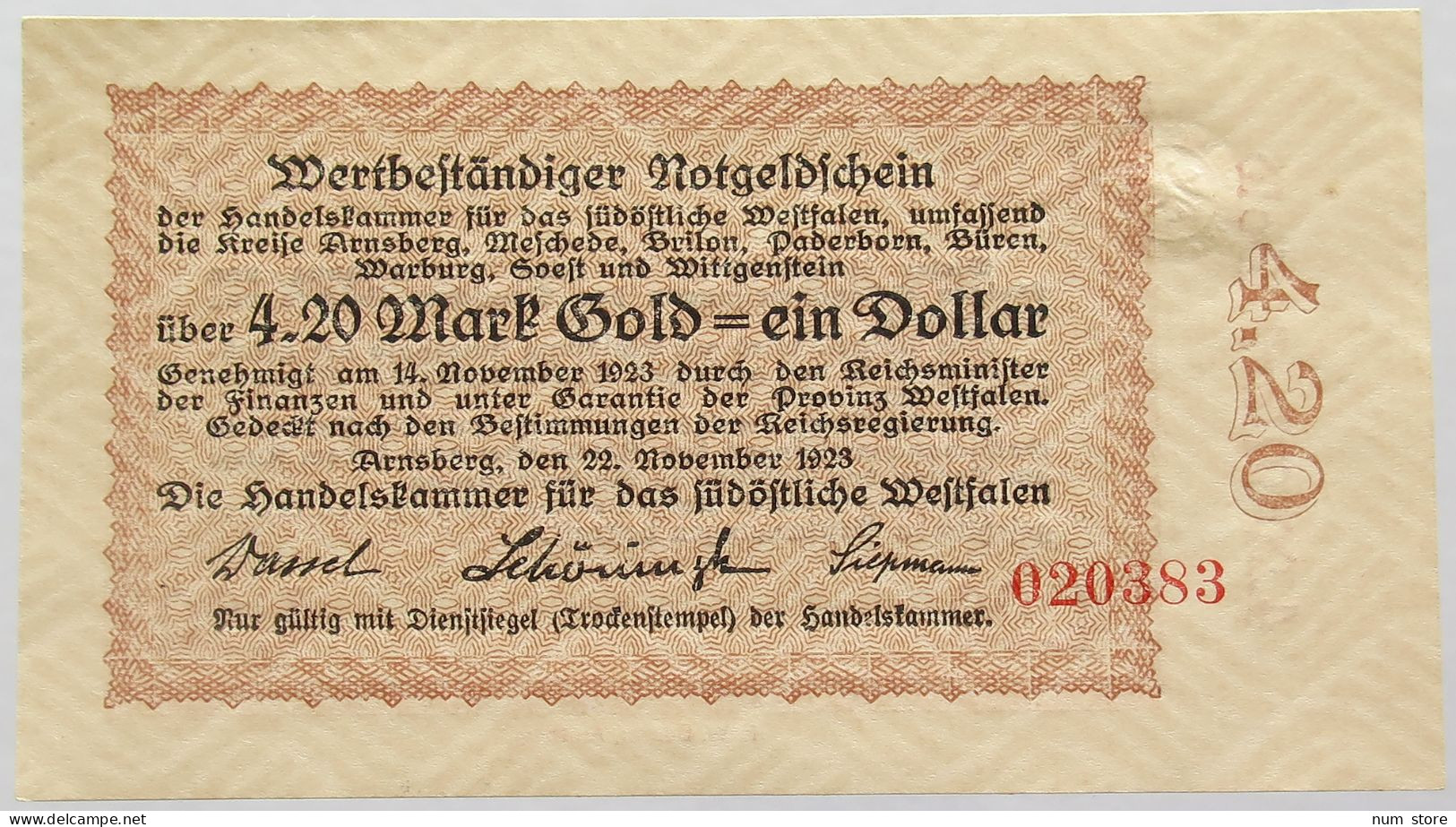GERMANY 4.2 GOLDMARK 1923 WESTFALEN #alb008 0223 - Deutsche Golddiskontbank