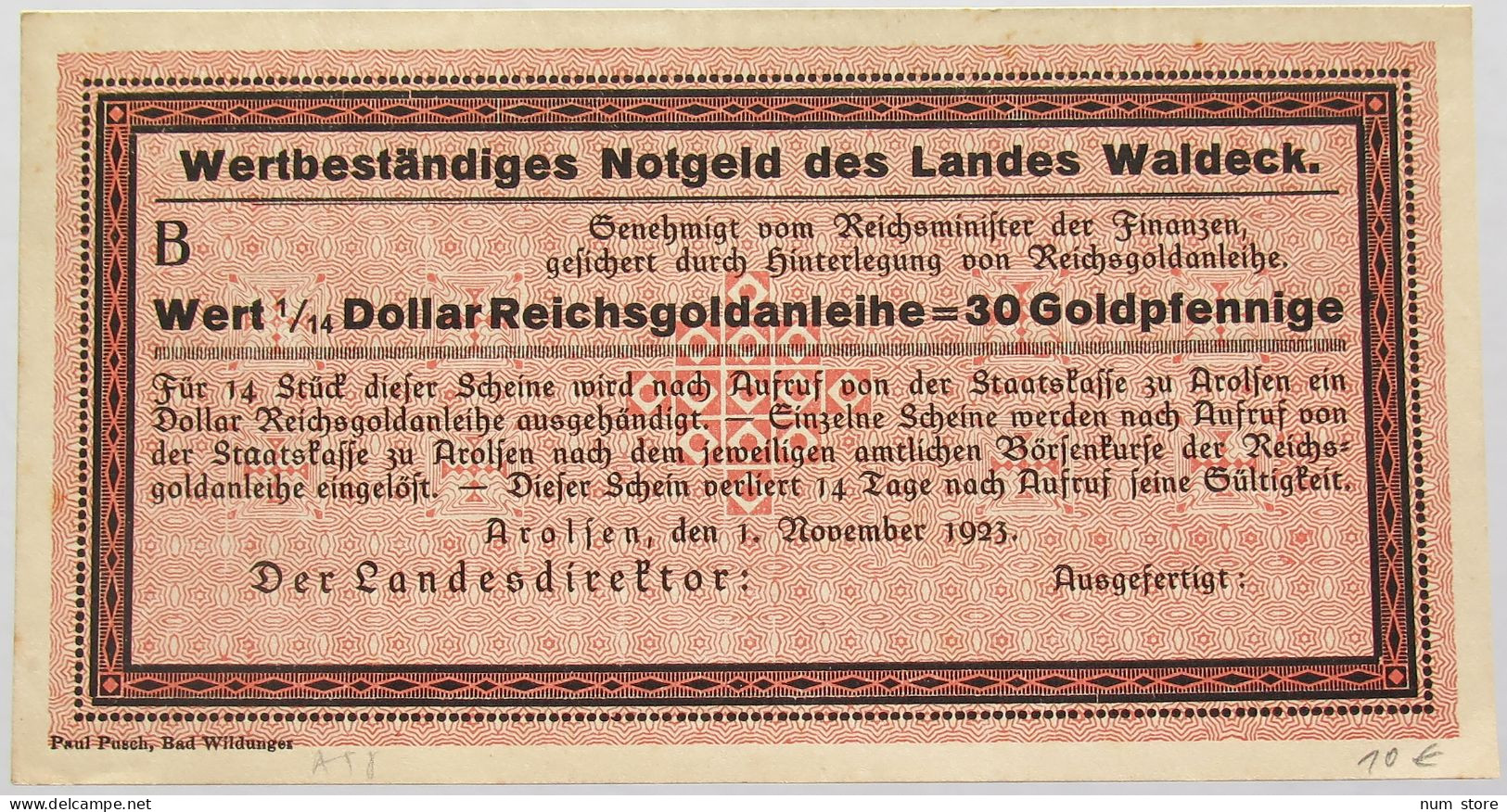 GERMANY 30 GOLDPFENNIG 1923 WALDECK #alb008 0211 - Deutsche Golddiskontbank