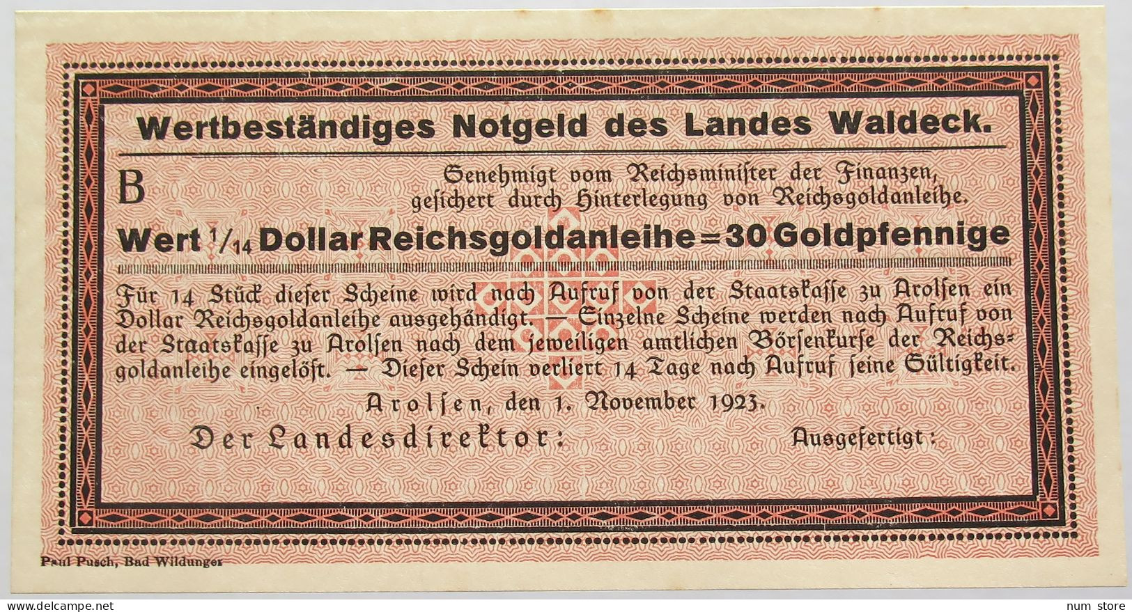 GERMANY 30 GOLDPFENNIG 1923 WALDECK #alb008 0209 - Deutsche Golddiskontbank