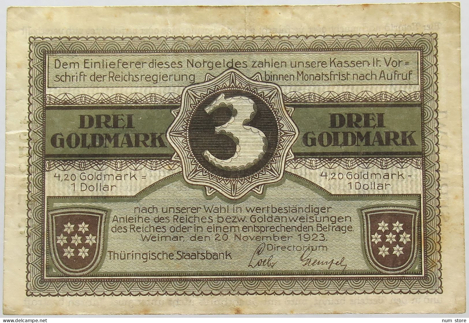 GERMANY 3 GOLDMARK 1923 THURINGEN #alb008 0265 - Deutsche Golddiskontbank