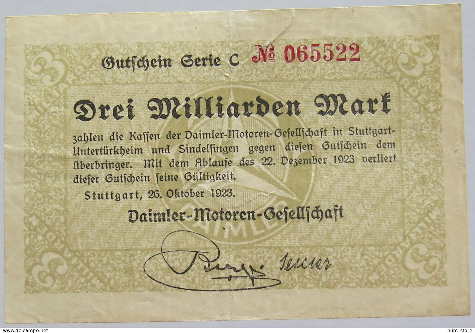 GERMANY 3 MILLIARDEN MARK 1923 DAIMLER MOTOREN #alb010 0105 - 5 Miljard Mark